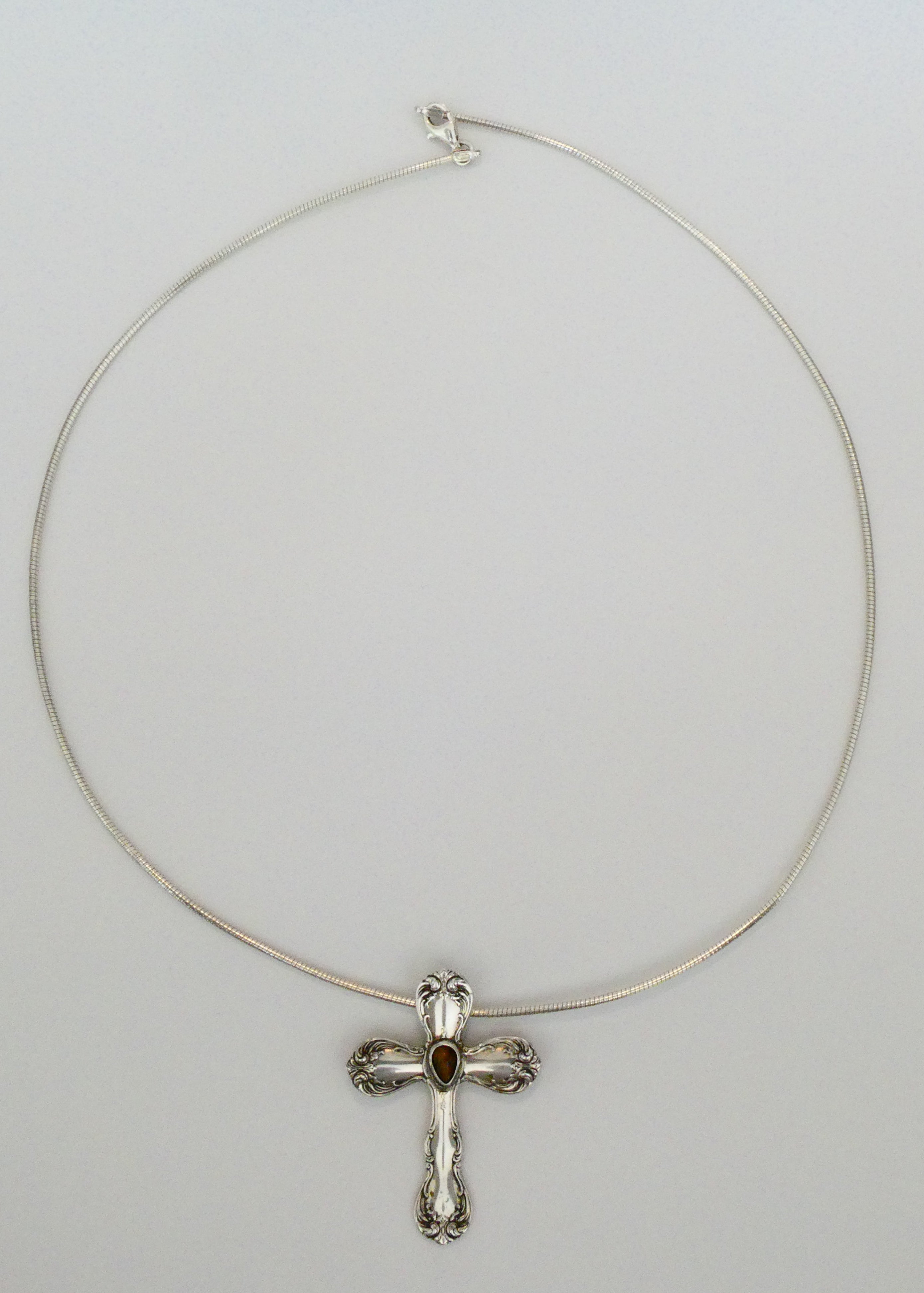 Vintage Silver Spoon Cross Tiger's Eye Cross Necklace