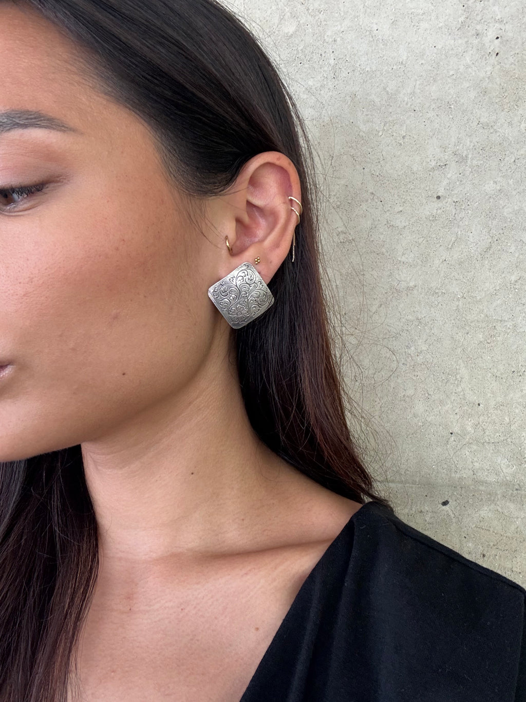 Vintage Silver Etched Square Earrings