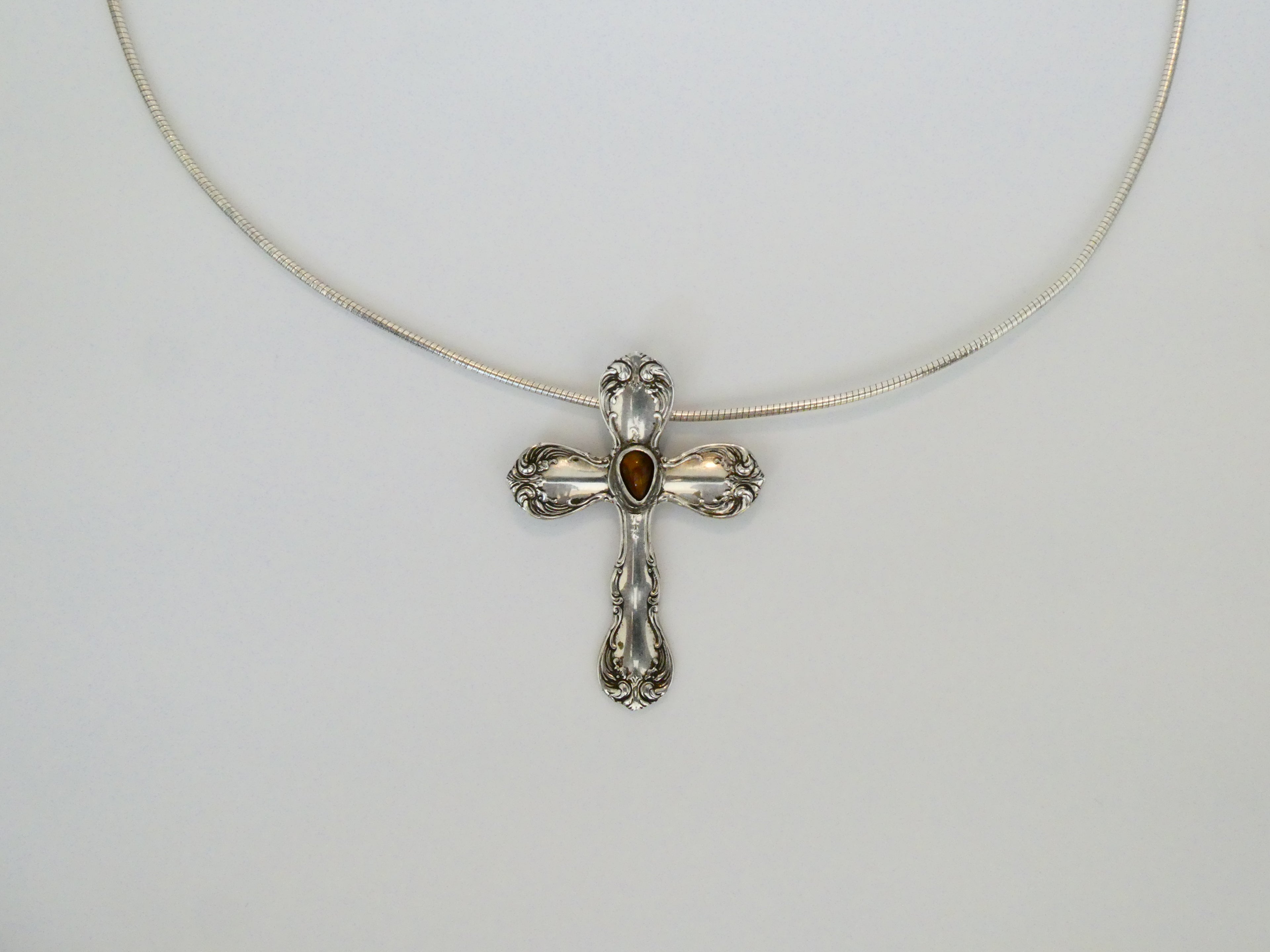 Vintage Silver Spoon Cross Tiger's Eye Cross Necklace