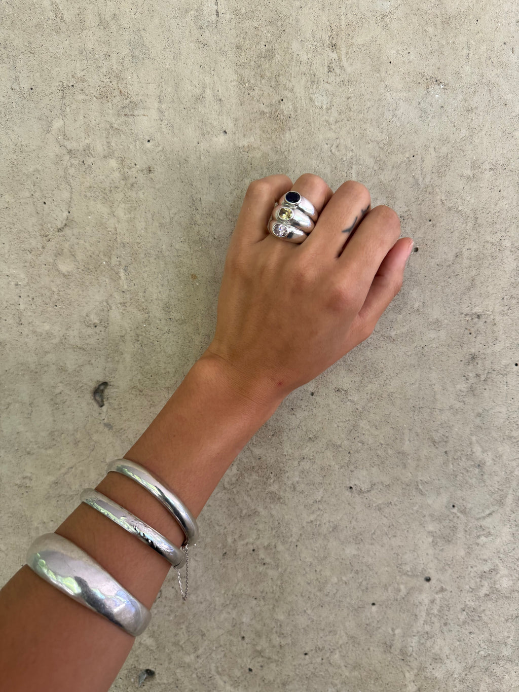 Vintage Silver Statement 3 Semi-Precious Stone Ring