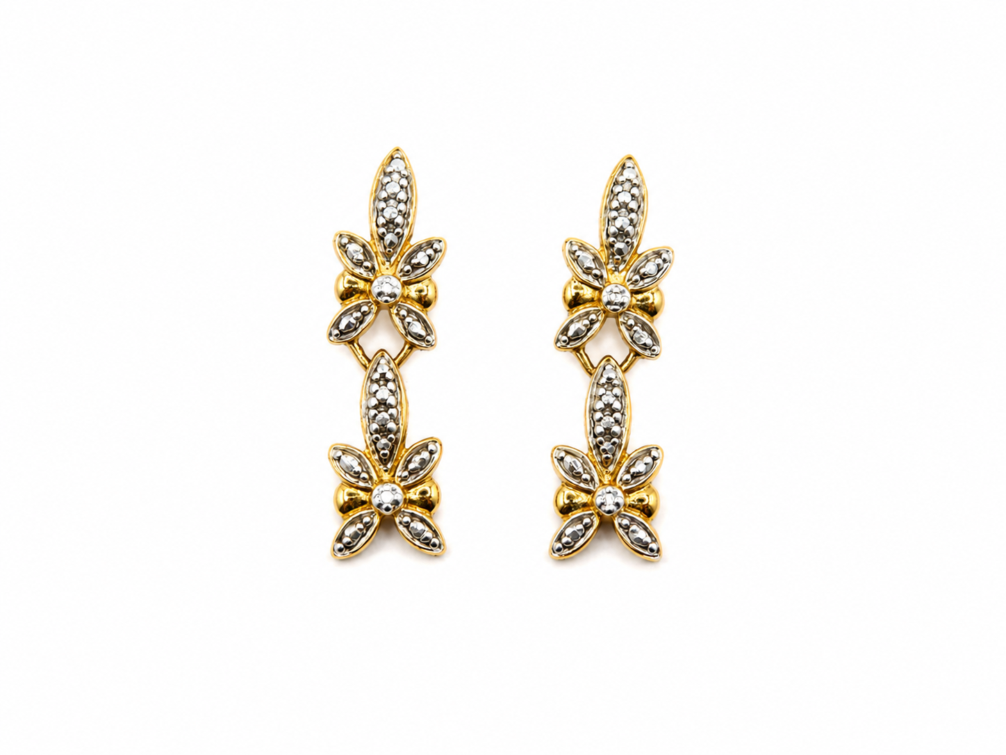 Vintage 18k Gold Over Silver Diamond Flower Dangle Earrings