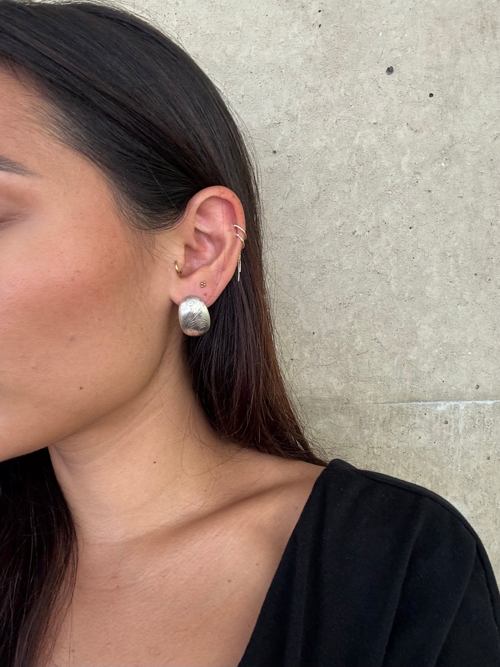 Vintage Silver Etched Small Shield Earrings