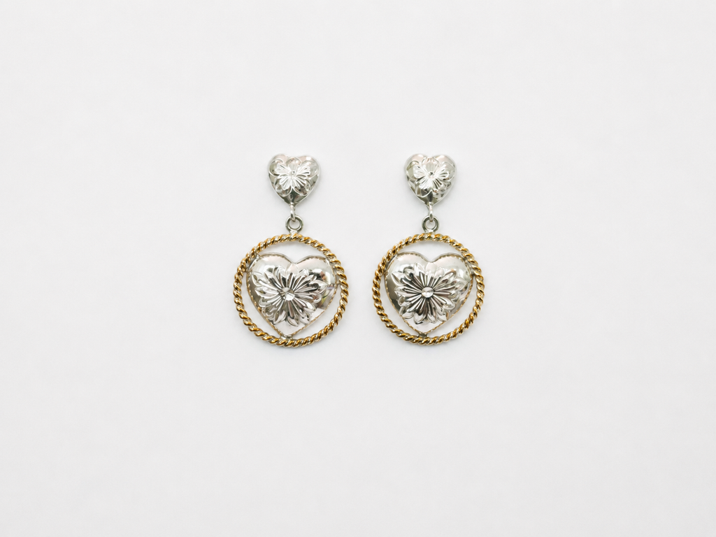 Vintage Silver 2 Tone Heart Earrings