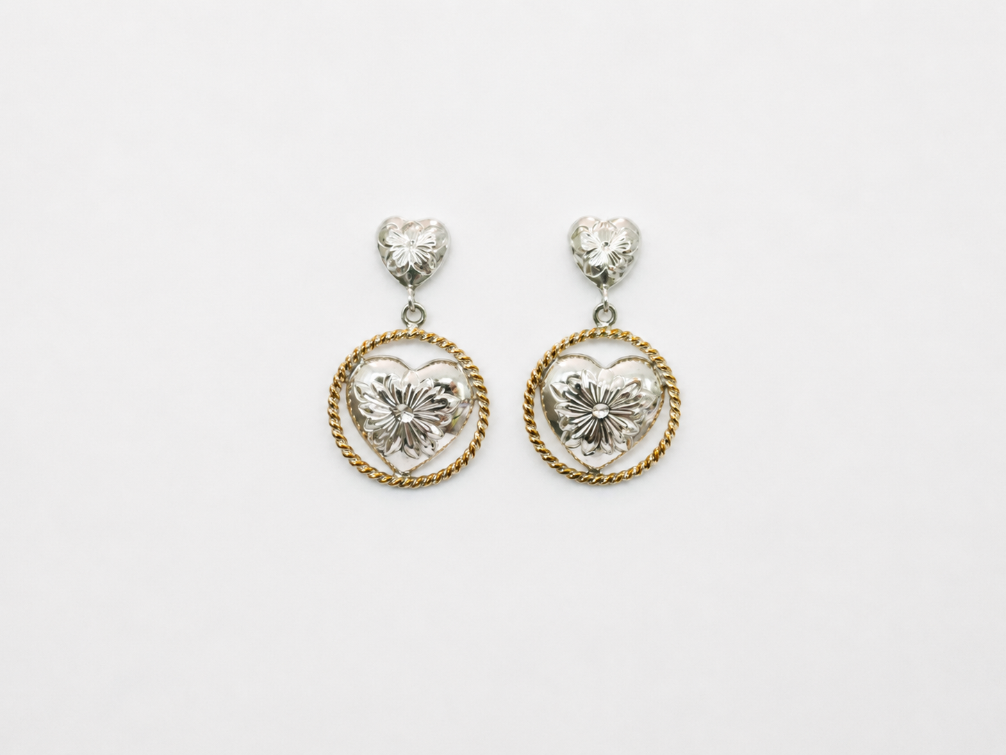 Vintage Silver 2 Tone Heart Earrings