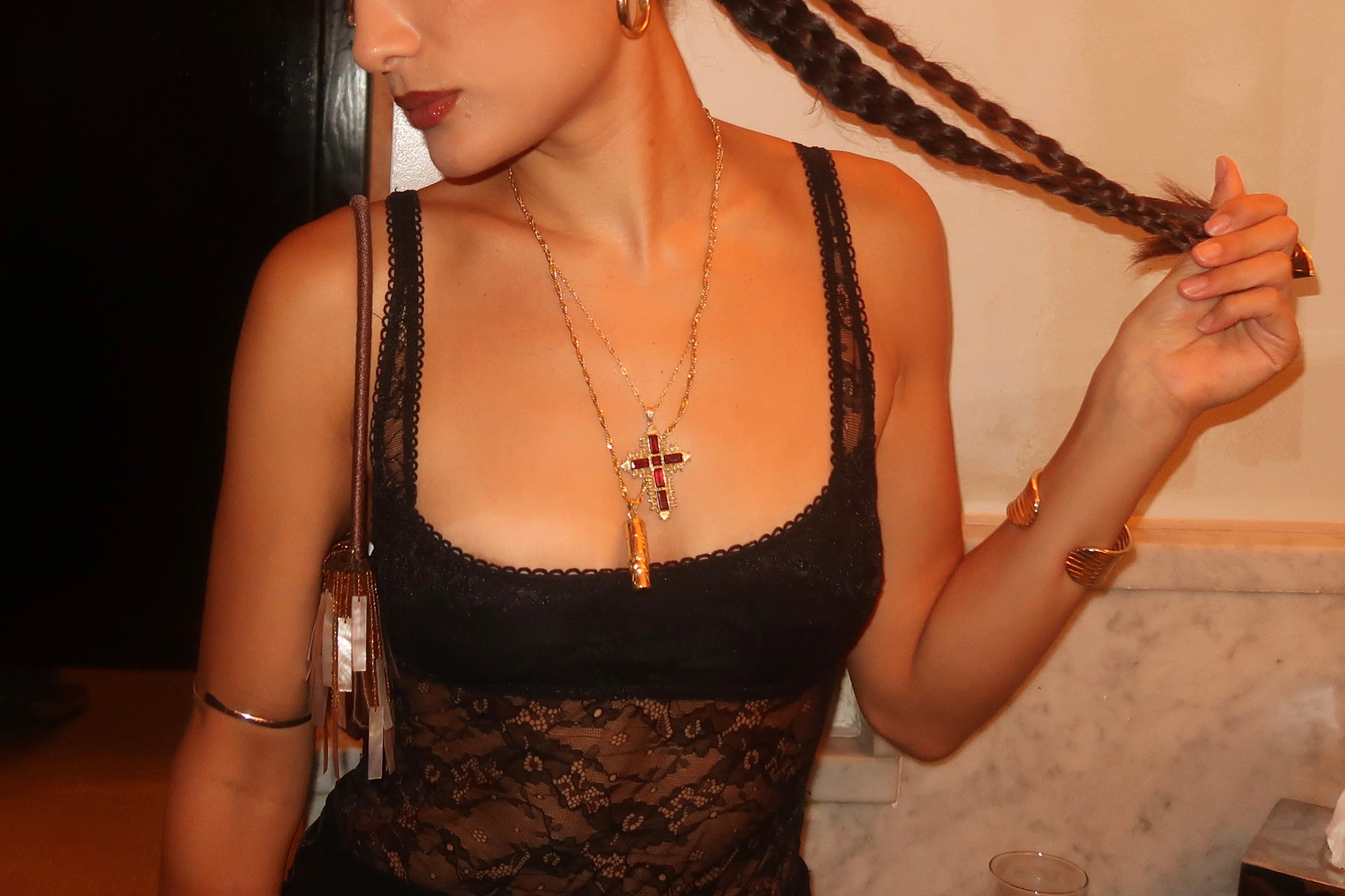Vintage Gold Garnet Filigree Cross Necklace