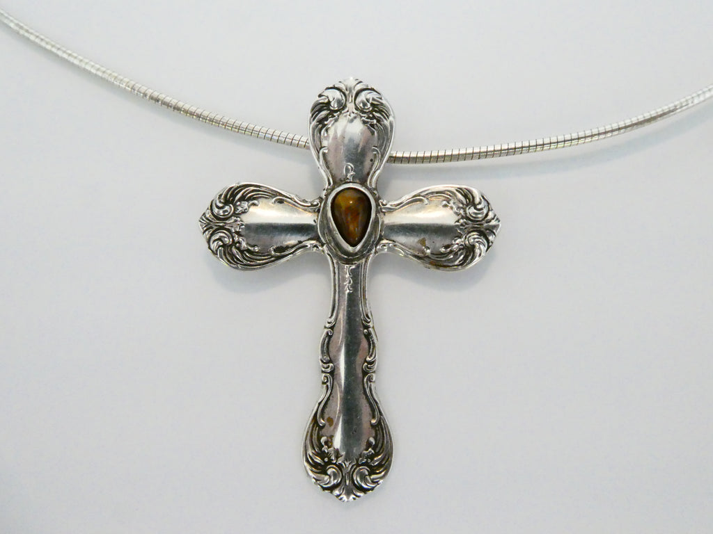Vintage Silver Spoon Cross Tiger's Eye Cross Necklace