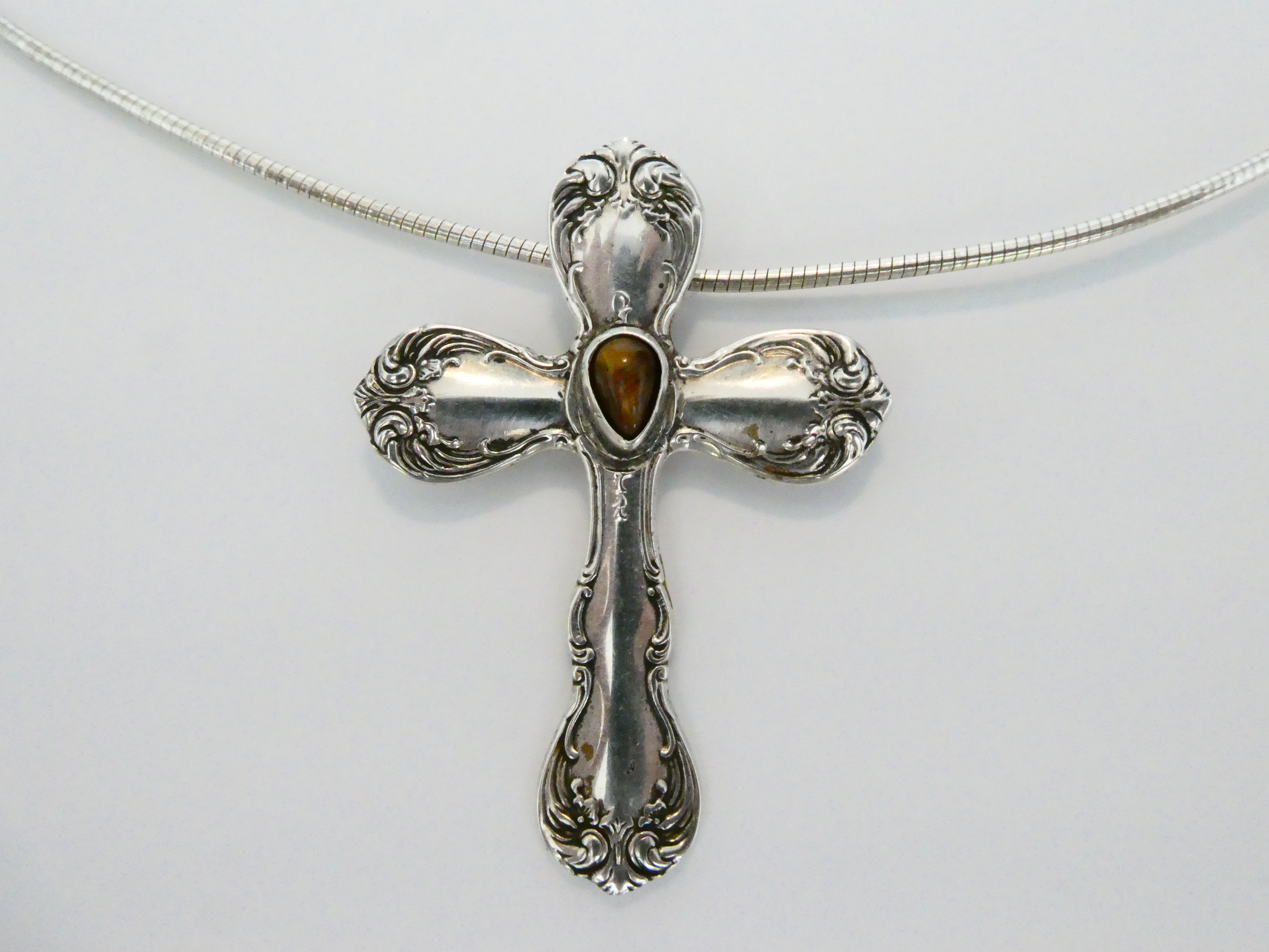 Vintage Silver Spoon Cross Tiger's Eye Cross Necklace