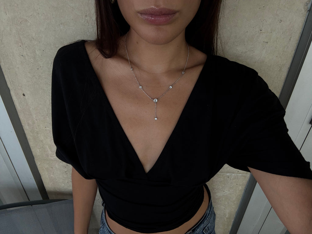 Vintage Silver Lariat CZ Station Necklace