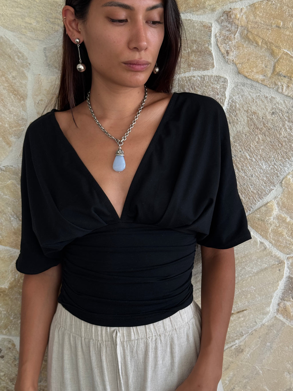 Vintage Heavy Sterling Chain with Chalcedony Pendant