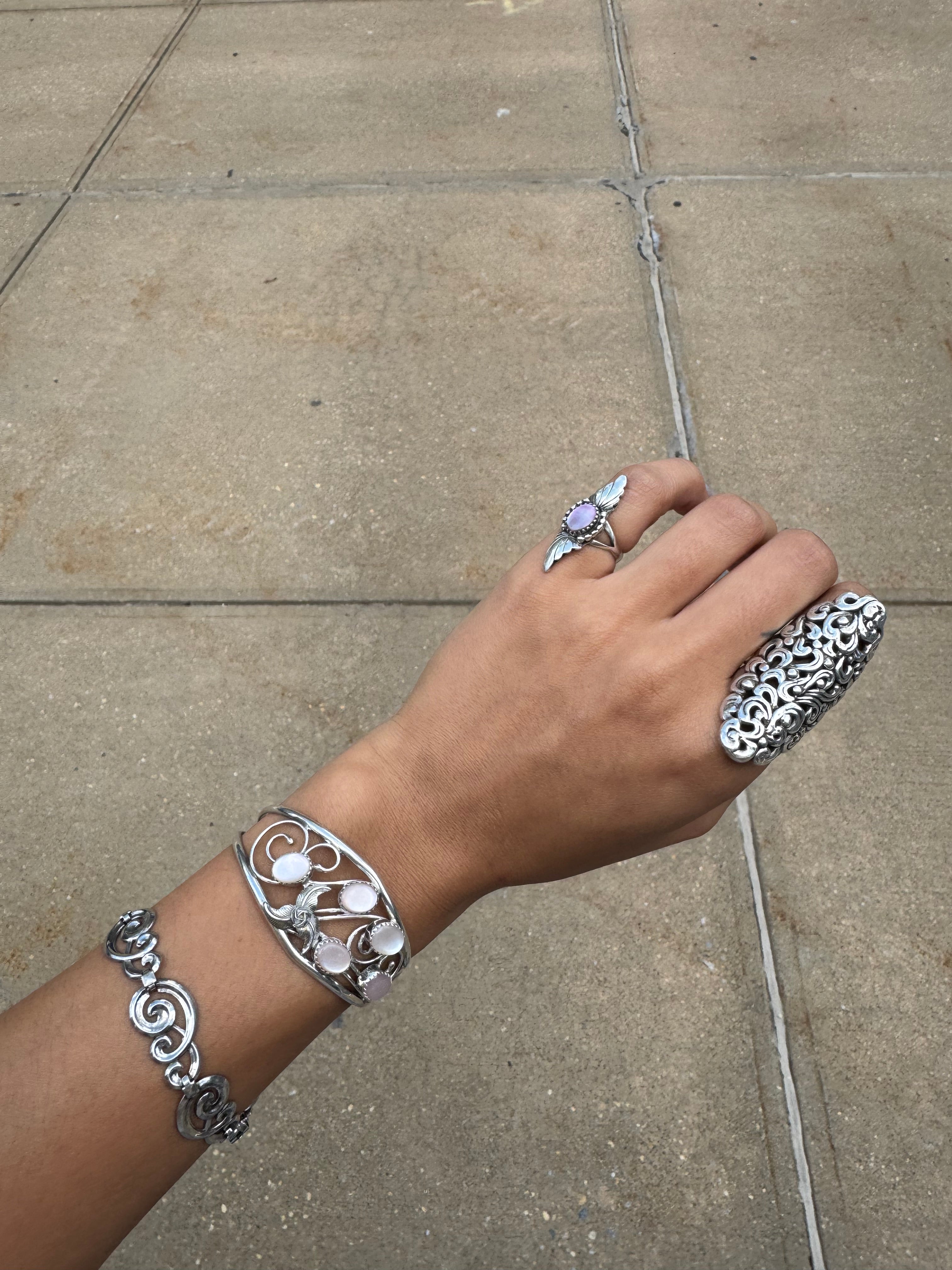 Vintage Silver & Pink Mother of Pearl Flower Cuff Bracelet