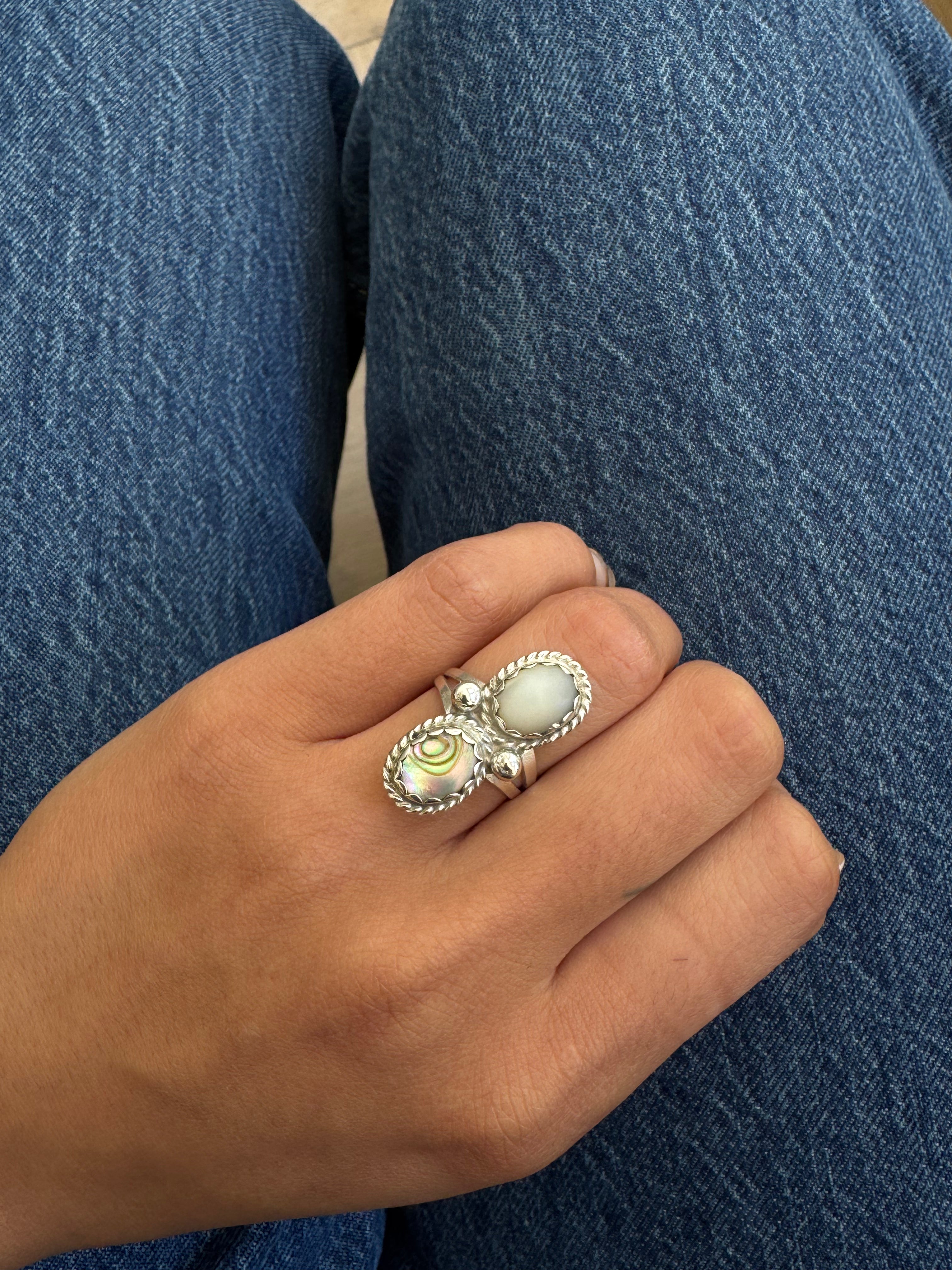 Vintage Silver Moonstone & Abalone Shell Ring