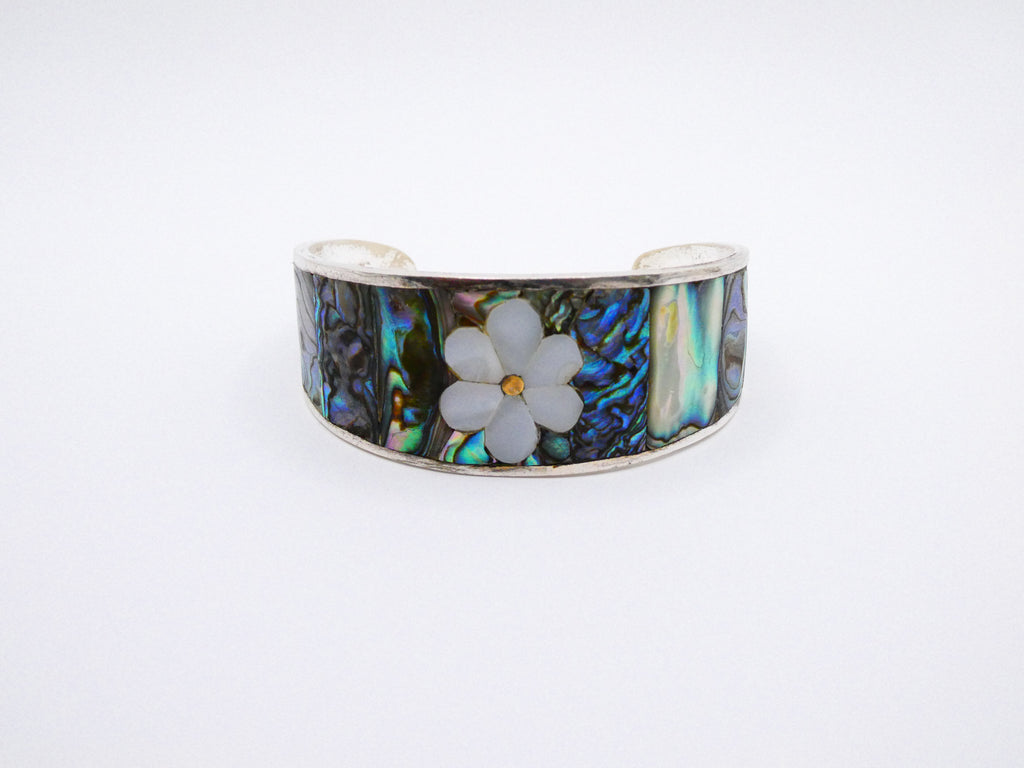 Vintage Silver Abalone Flower Inlay Cuff Bracelet