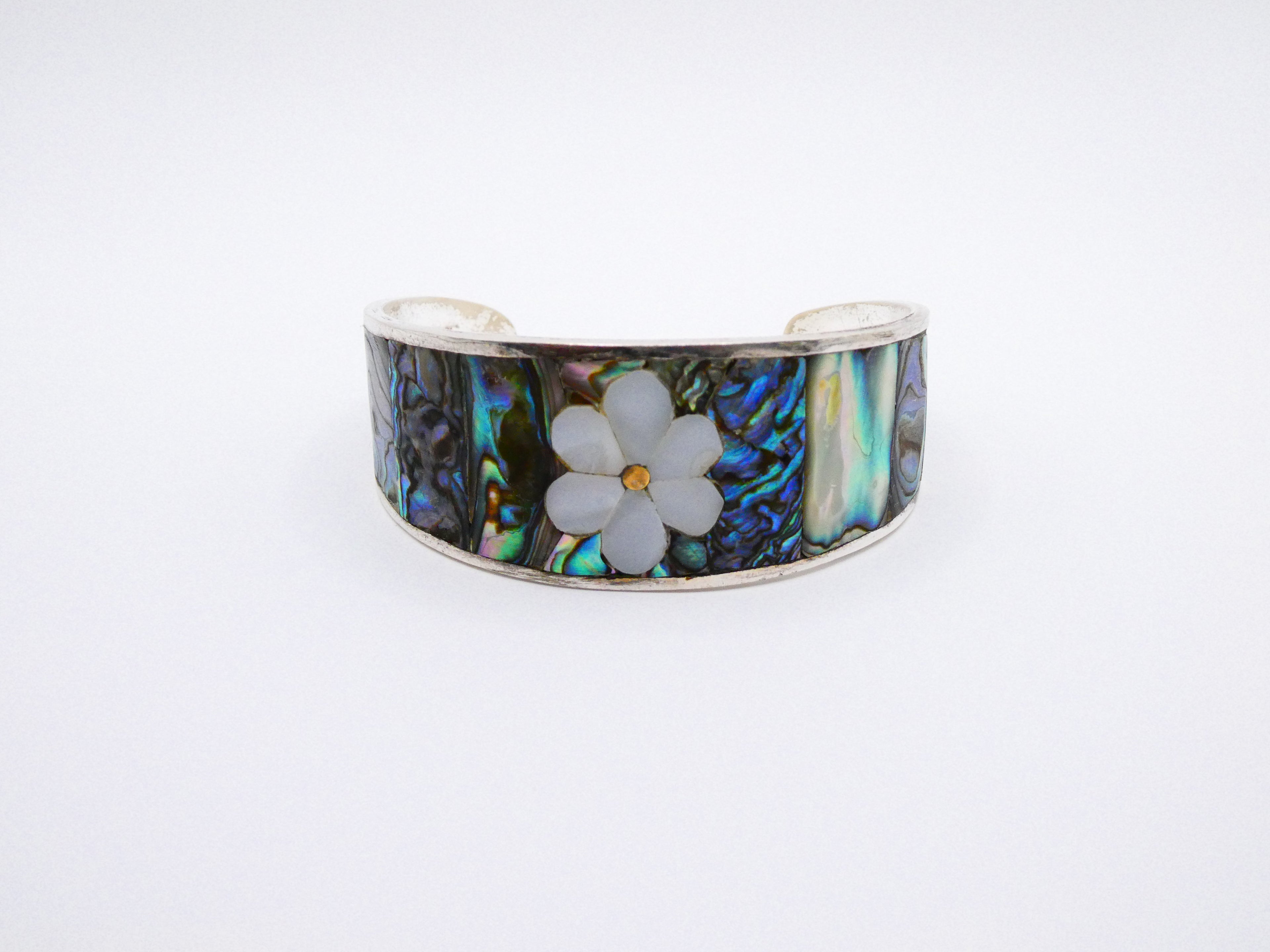 Vintage Silver Abalone Flower Inlay Cuff Bracelet