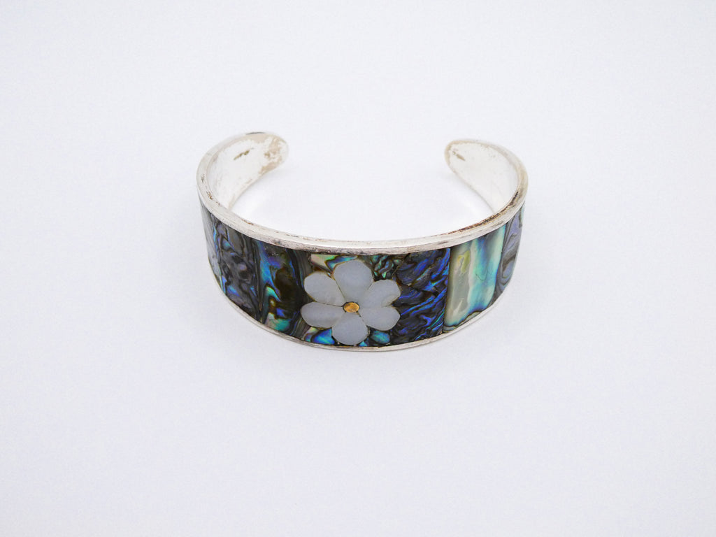Vintage Silver Abalone Flower Inlay Cuff Bracelet