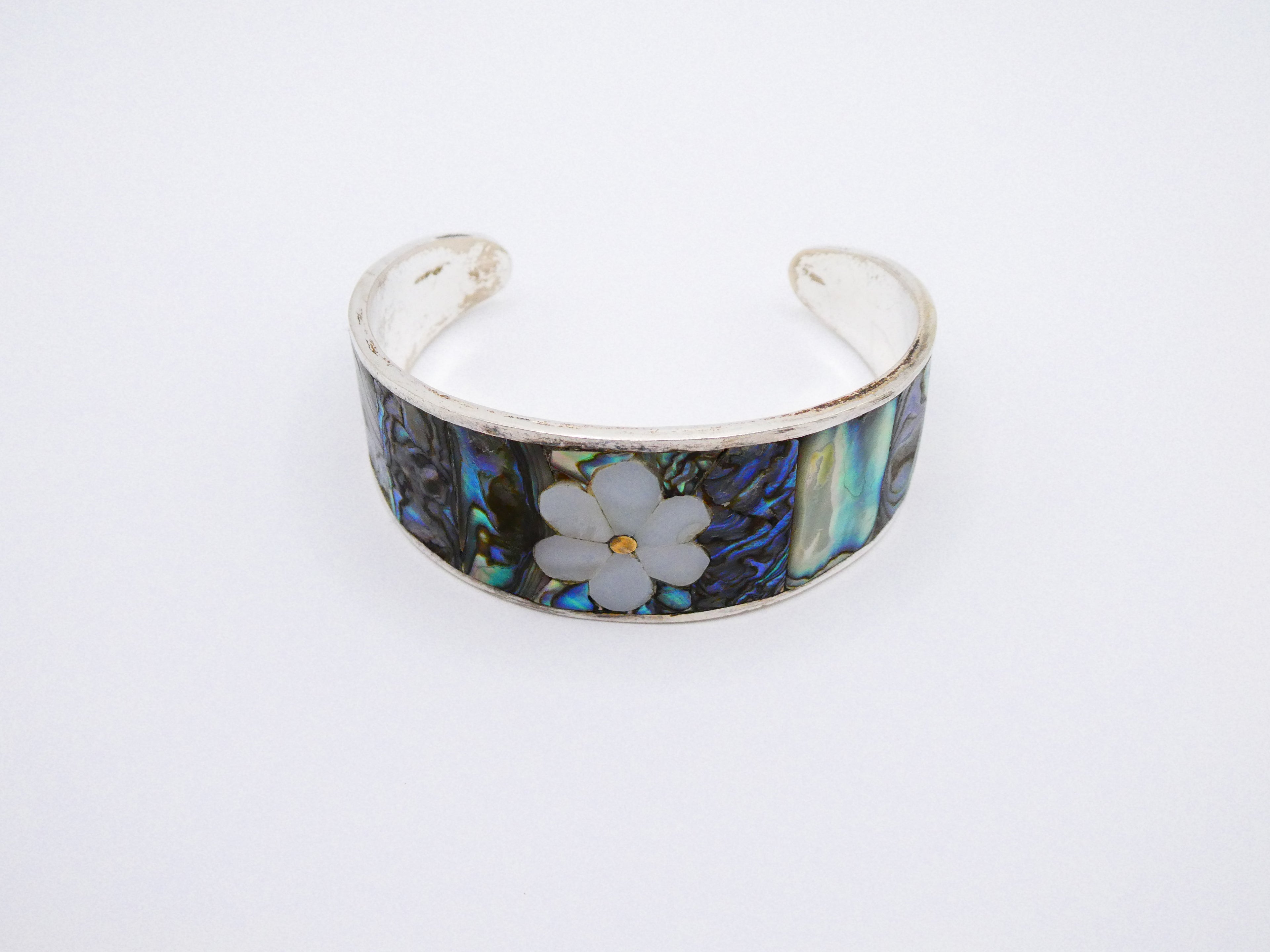 Vintage Silver Abalone Flower Inlay Cuff Bracelet