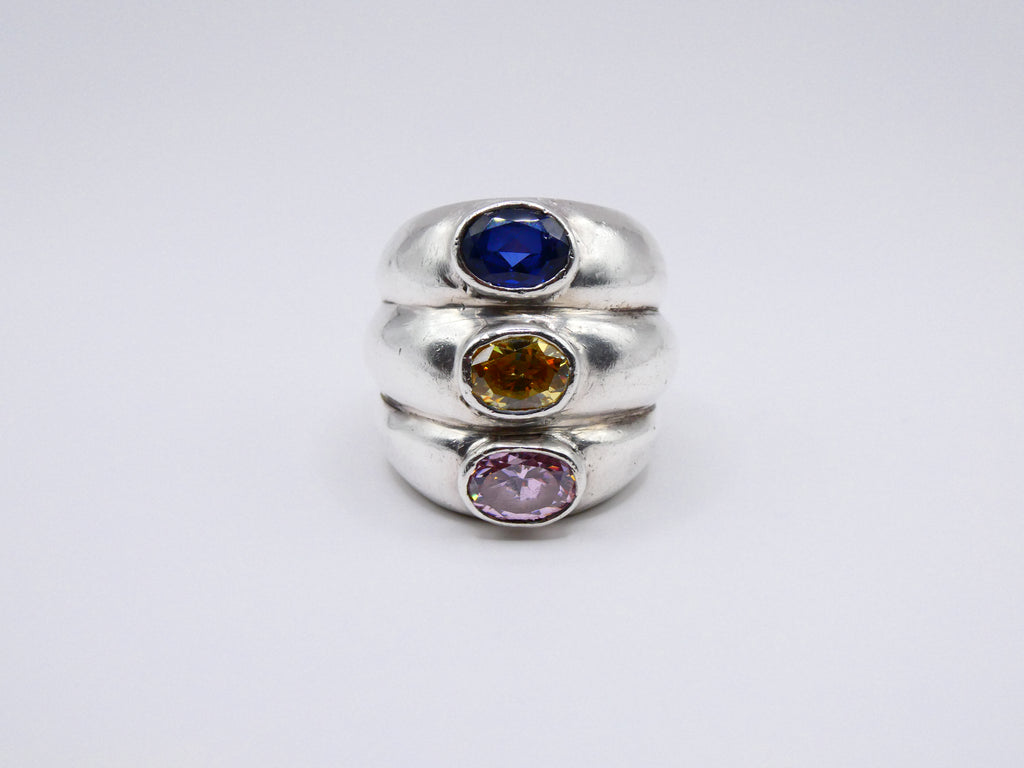Vintage Silver Statement 3 Semi-Precious Stone Ring