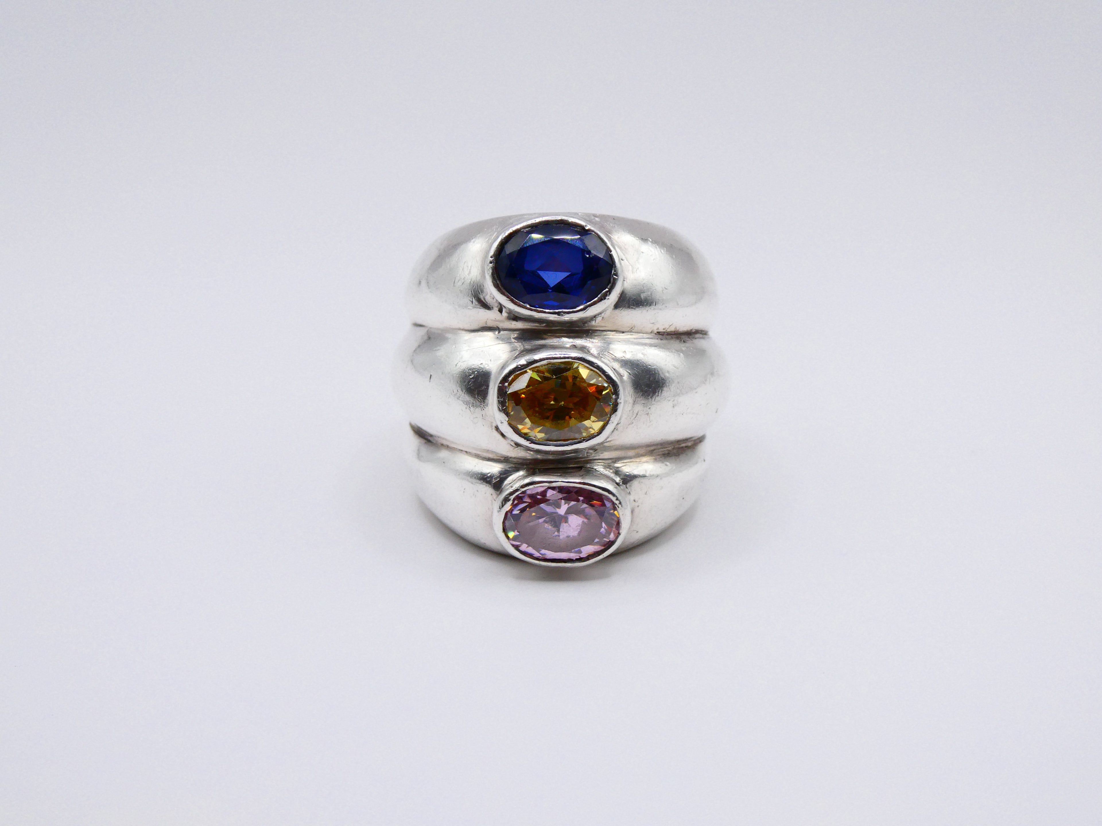 Vintage Silver Statement 3 Semi-Precious Stone Ring