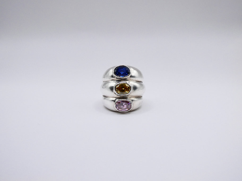 Vintage Silver Statement 3 Semi-Precious Stone Ring