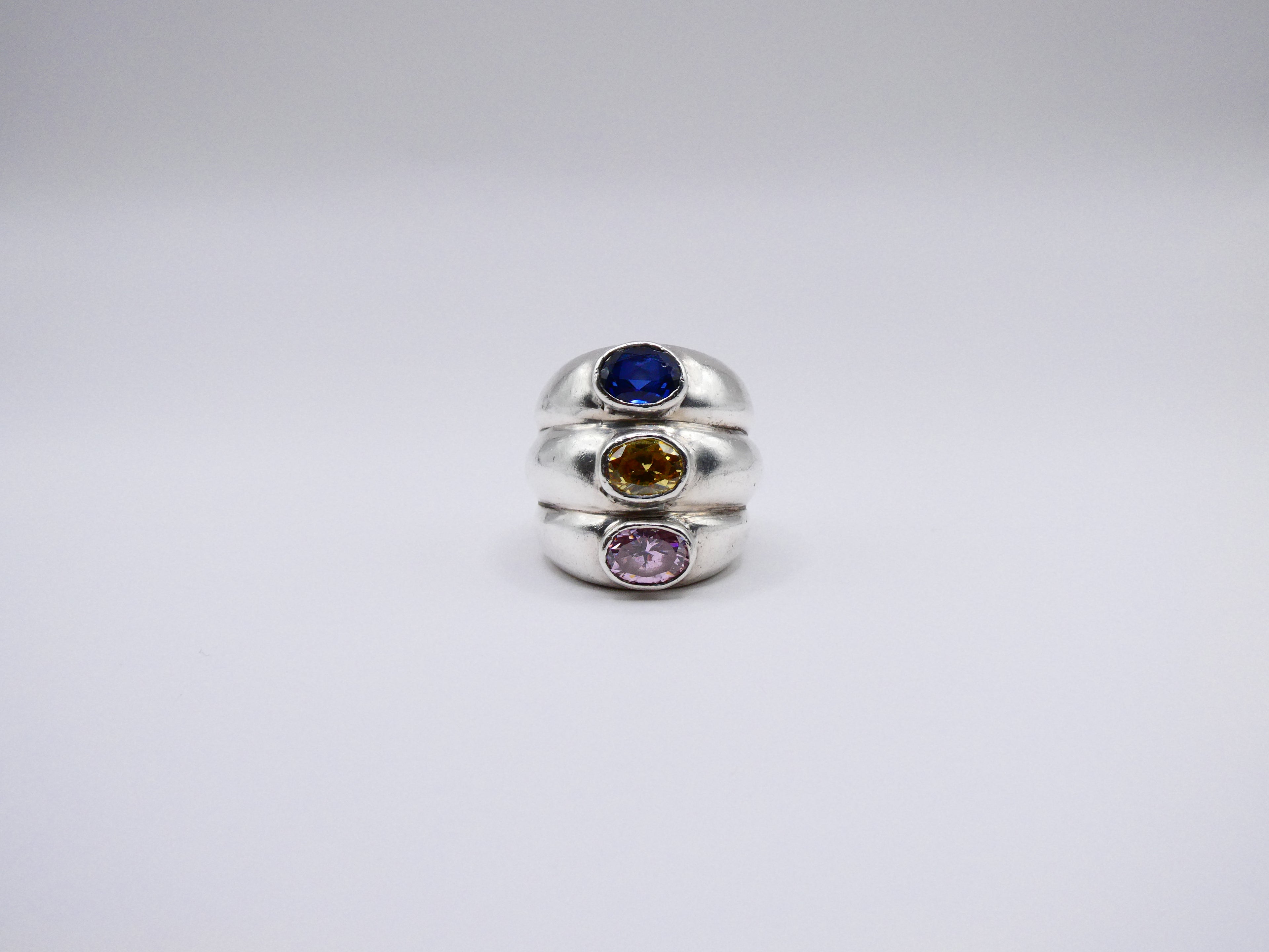 Vintage Silver Statement 3 Semi-Precious Stone Ring