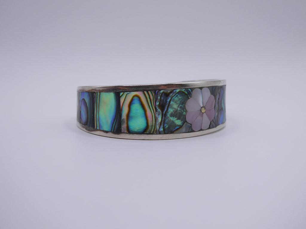 Vintage Silver Abalone Flower Inlay Cuff Bracelet