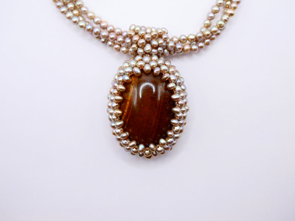 Vintage Statement Tigers Eye Seed Pearl Necklace