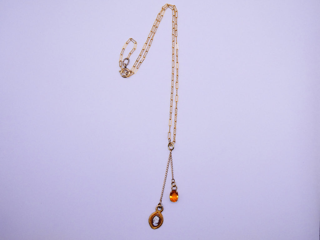 Vintage 12k Gold Filled Cameo and Citrine Glass Dangle Necklace
