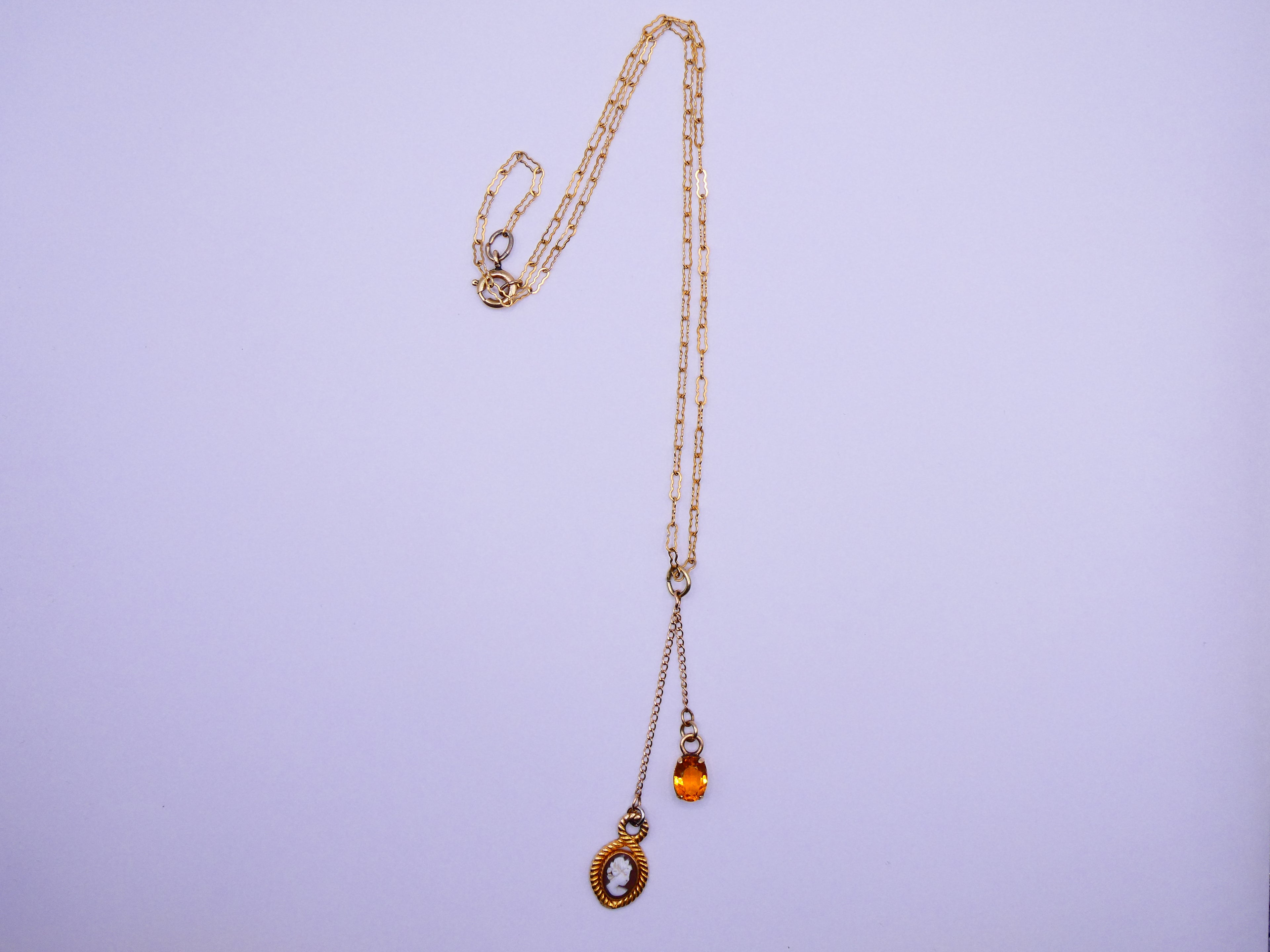 Vintage 12k Gold Filled Cameo and Citrine Glass Dangle Necklace