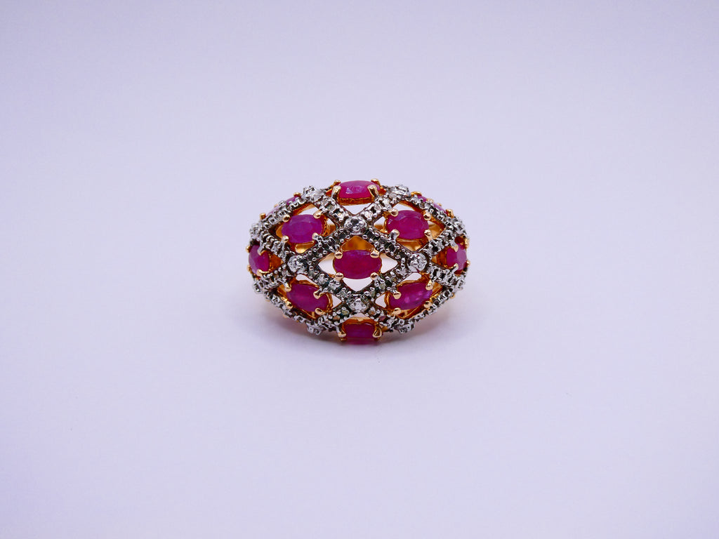 Vintage 18k Gold Over Silver Ruby Cabochon and CZ Ring
