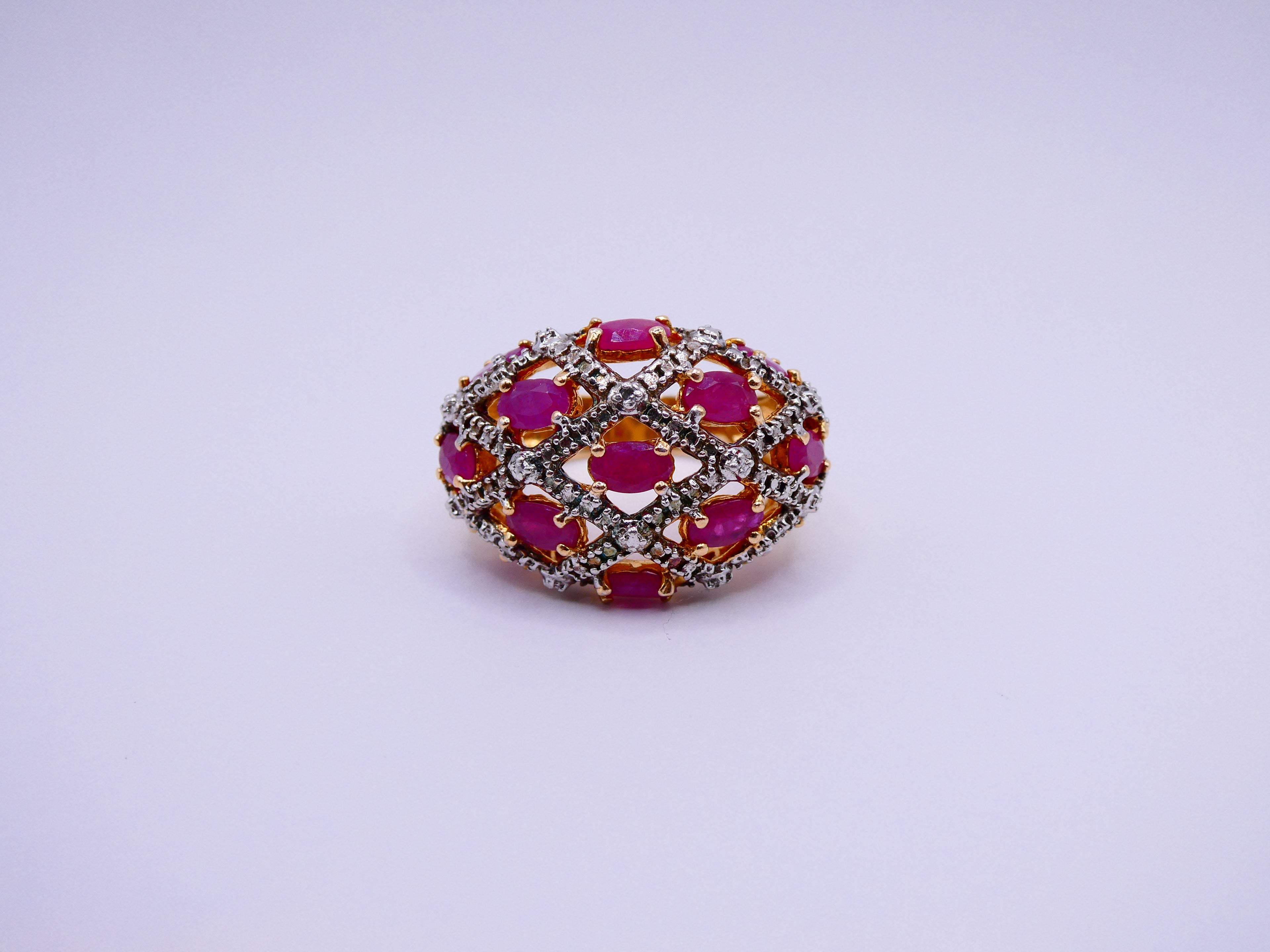 Vintage 18k Gold Over Silver Ruby Cabochon and CZ Ring