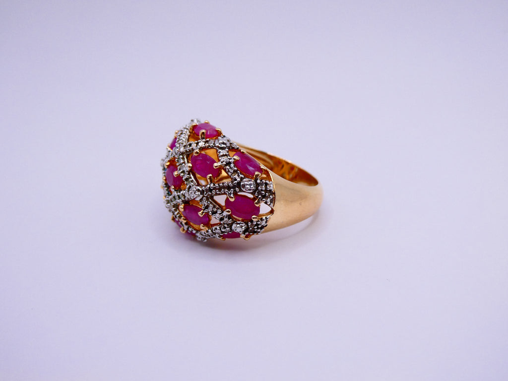 Vintage 18k Gold Over Silver Ruby Cabochon and CZ Ring
