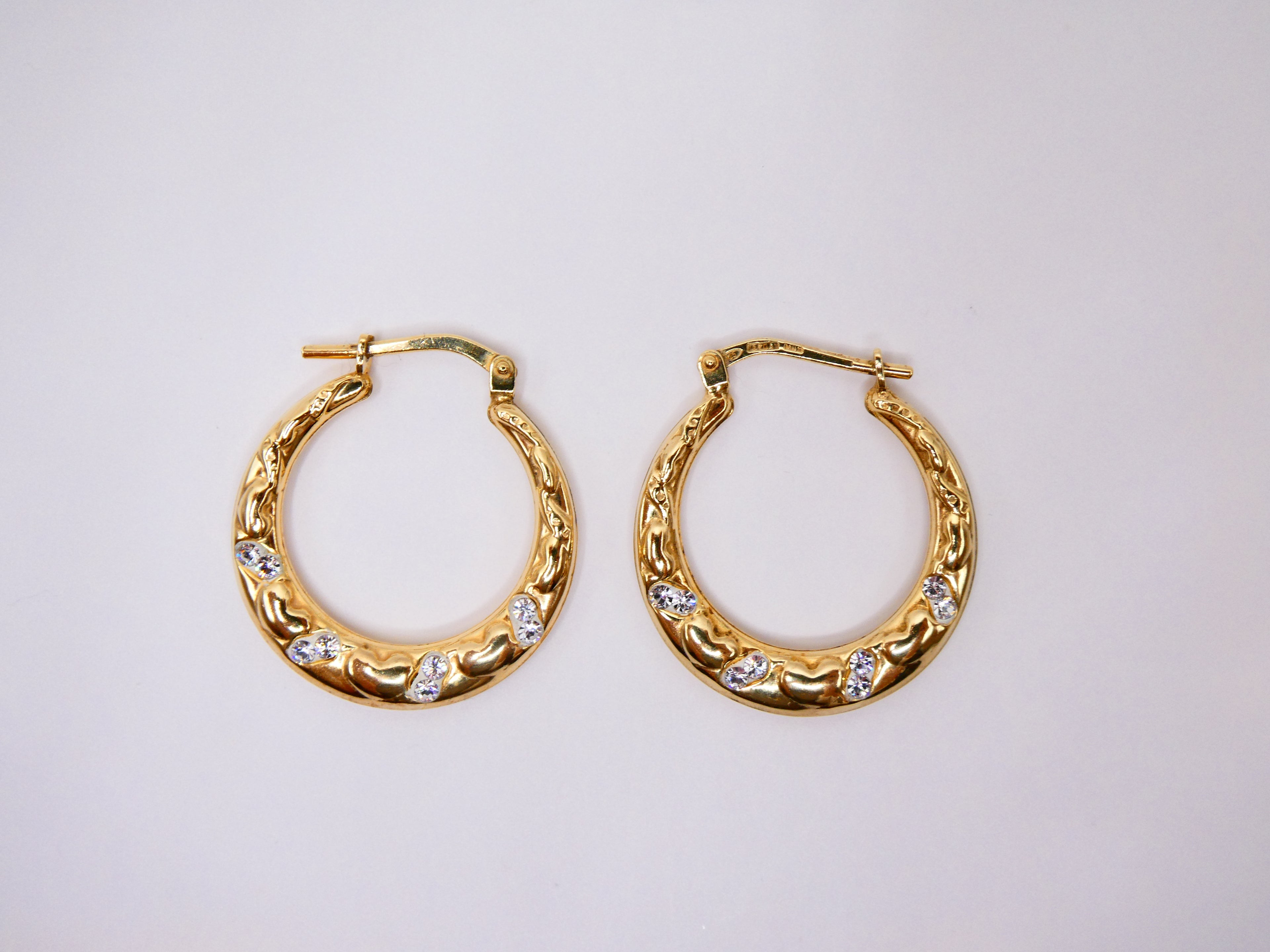Vintage Gold Over Silver CZ Heart Hoop Earrings