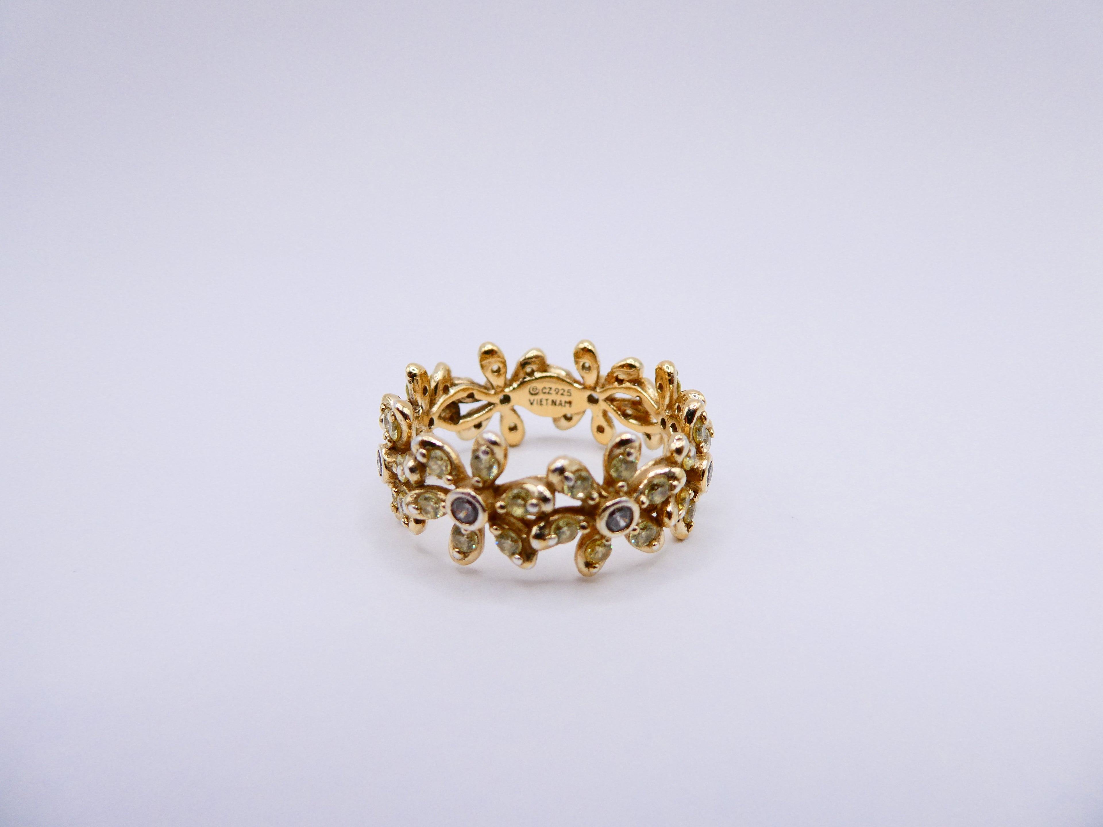 Vintage Gold Over Silver CZ Flower Band Ring