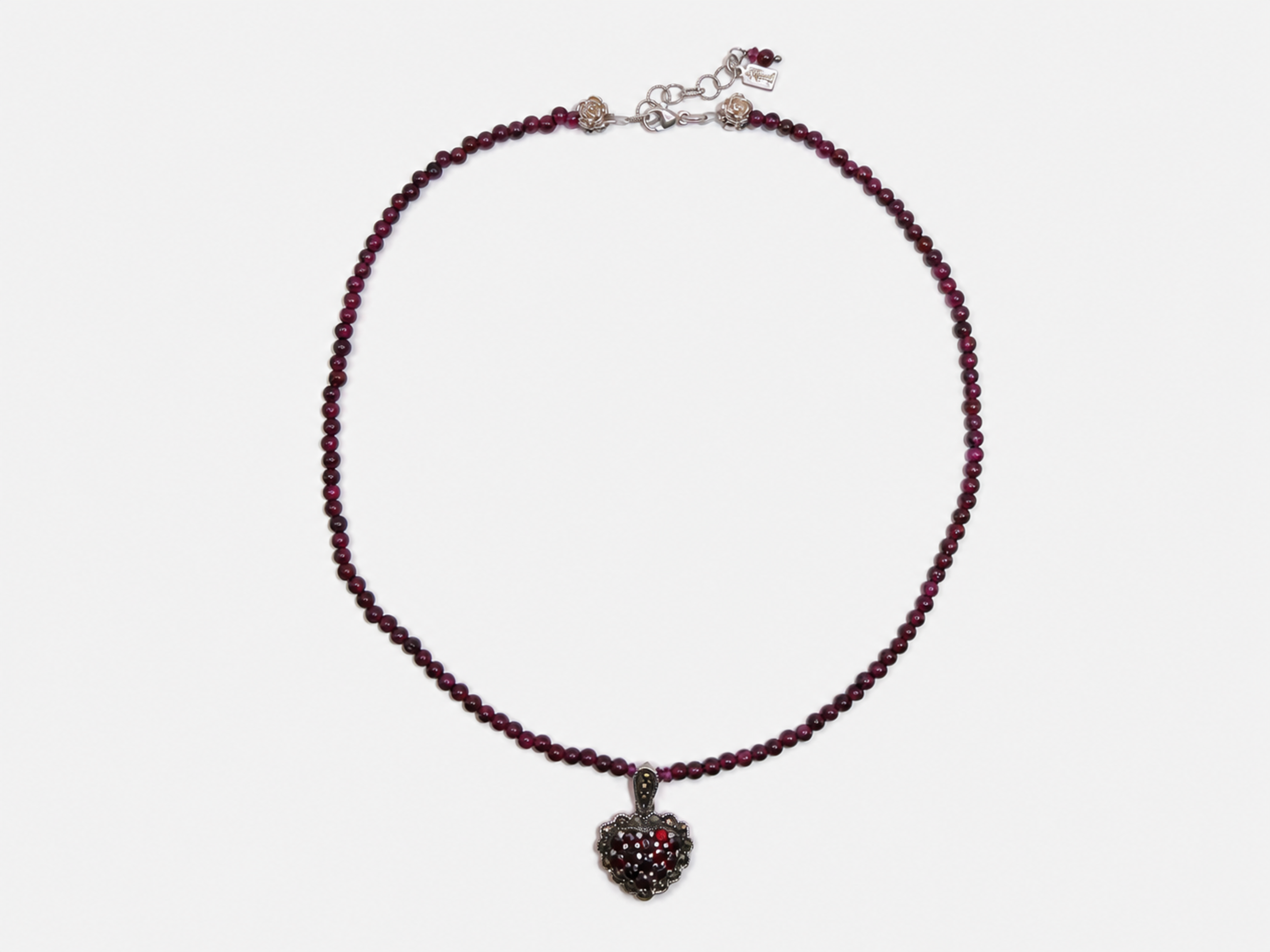 Vintage Beaded Garnet Marcasite Heart Pendant Necklace