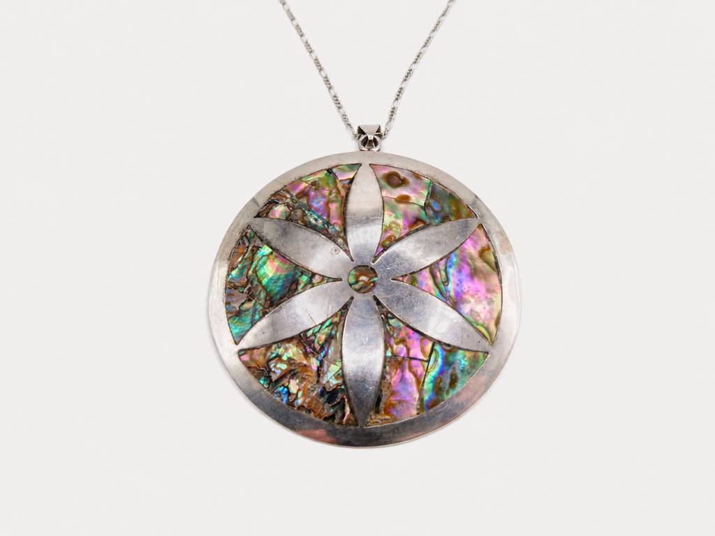 Vintage Abalone Inlay Medallion Necklace