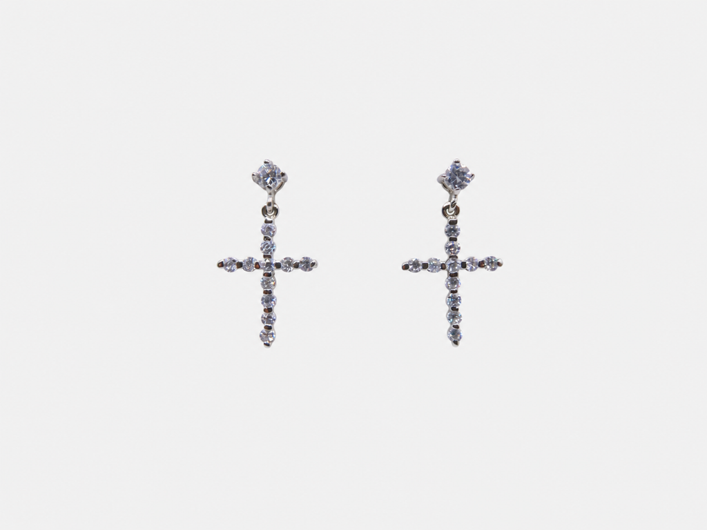 Vintage Silver Cross Dangle CZ Earrings