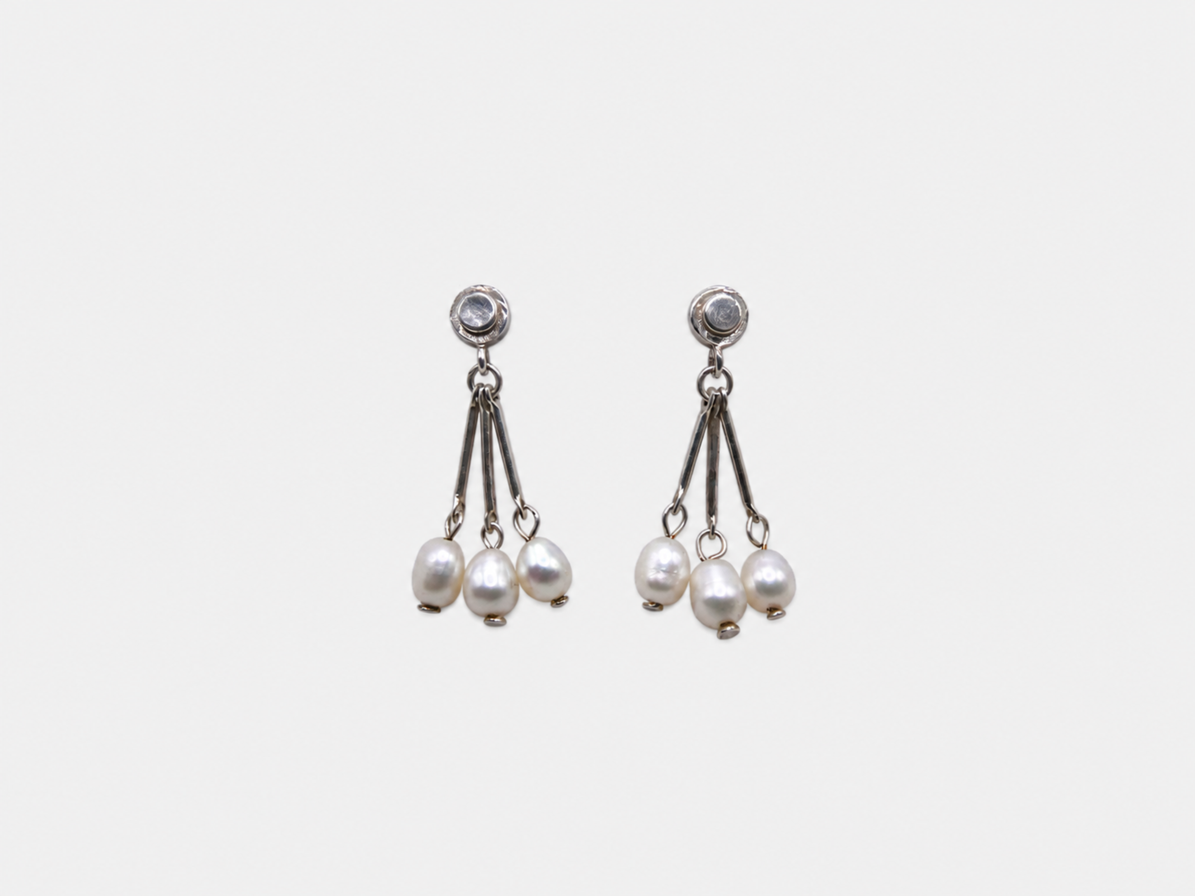 Vintage Silver Triple Pearl Drop Dangle Earrings
