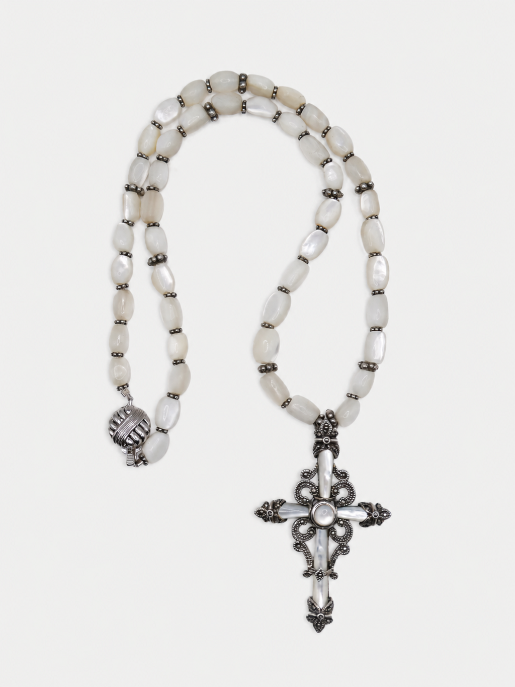 Vintage Silver Mother of Pearl Cross Statement Necklace