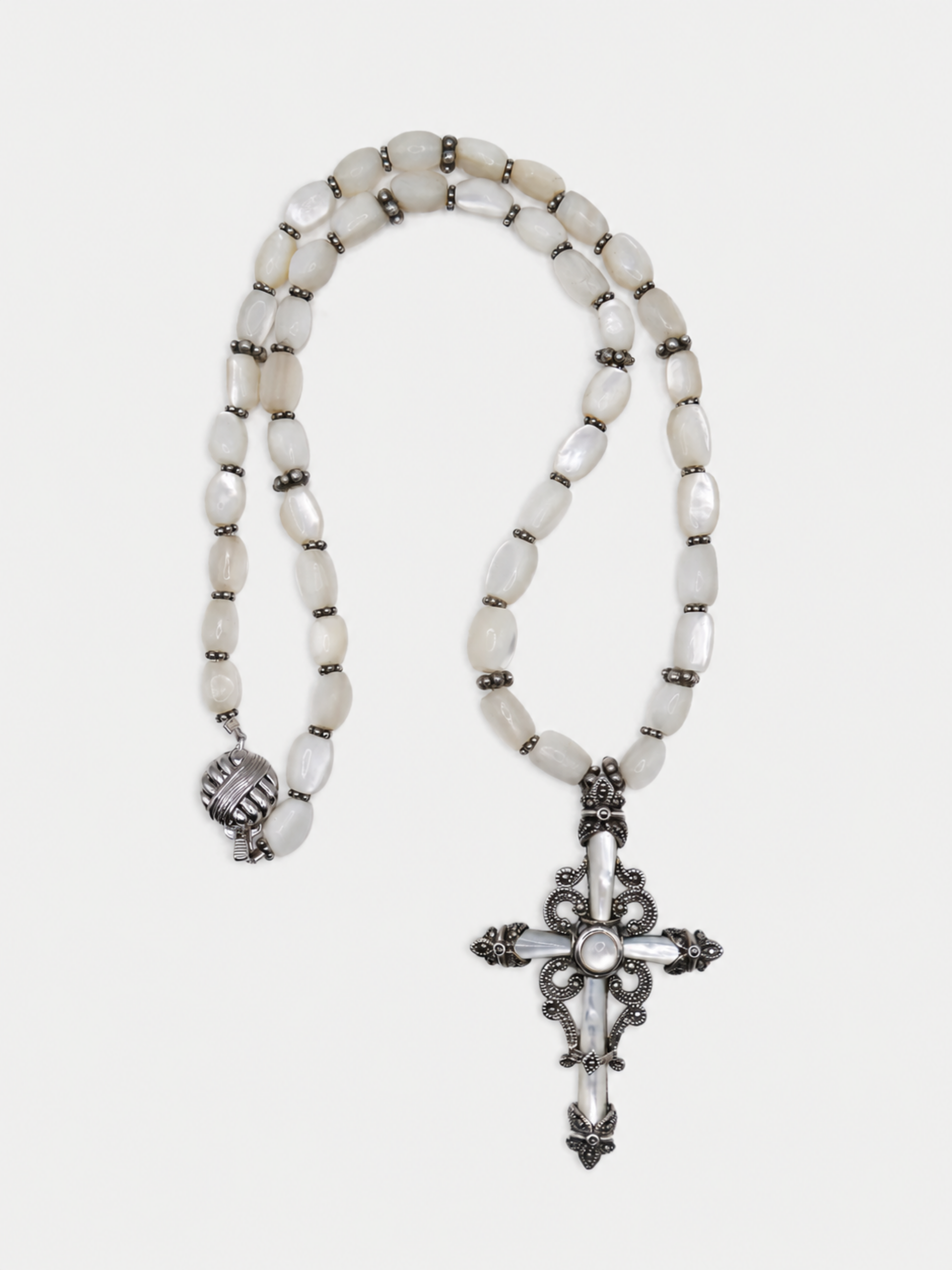 Vintage Silver Mother of Pearl Cross Statement Necklace
