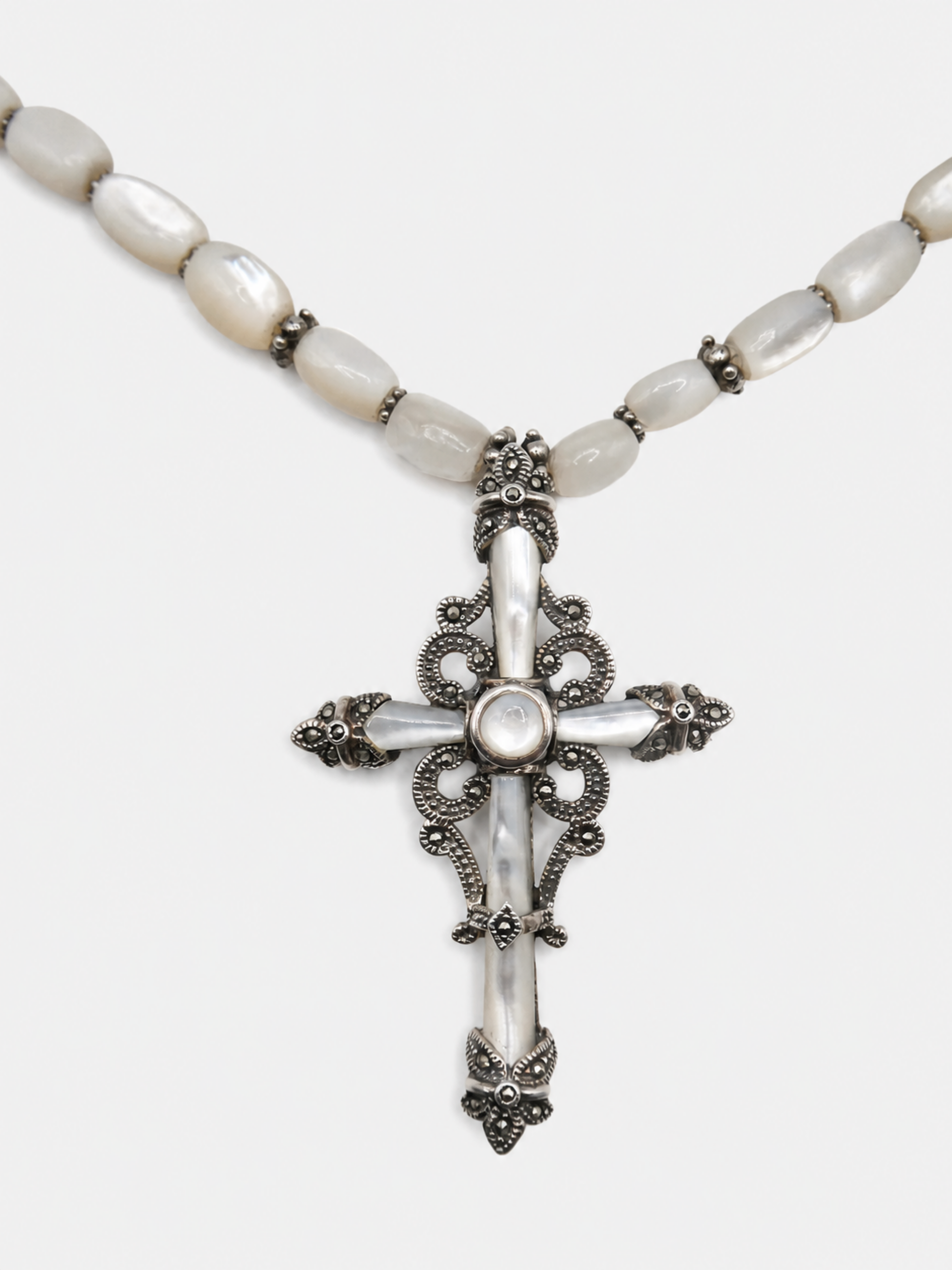 Vintage Silver Mother of Pearl Cross Statement Necklace