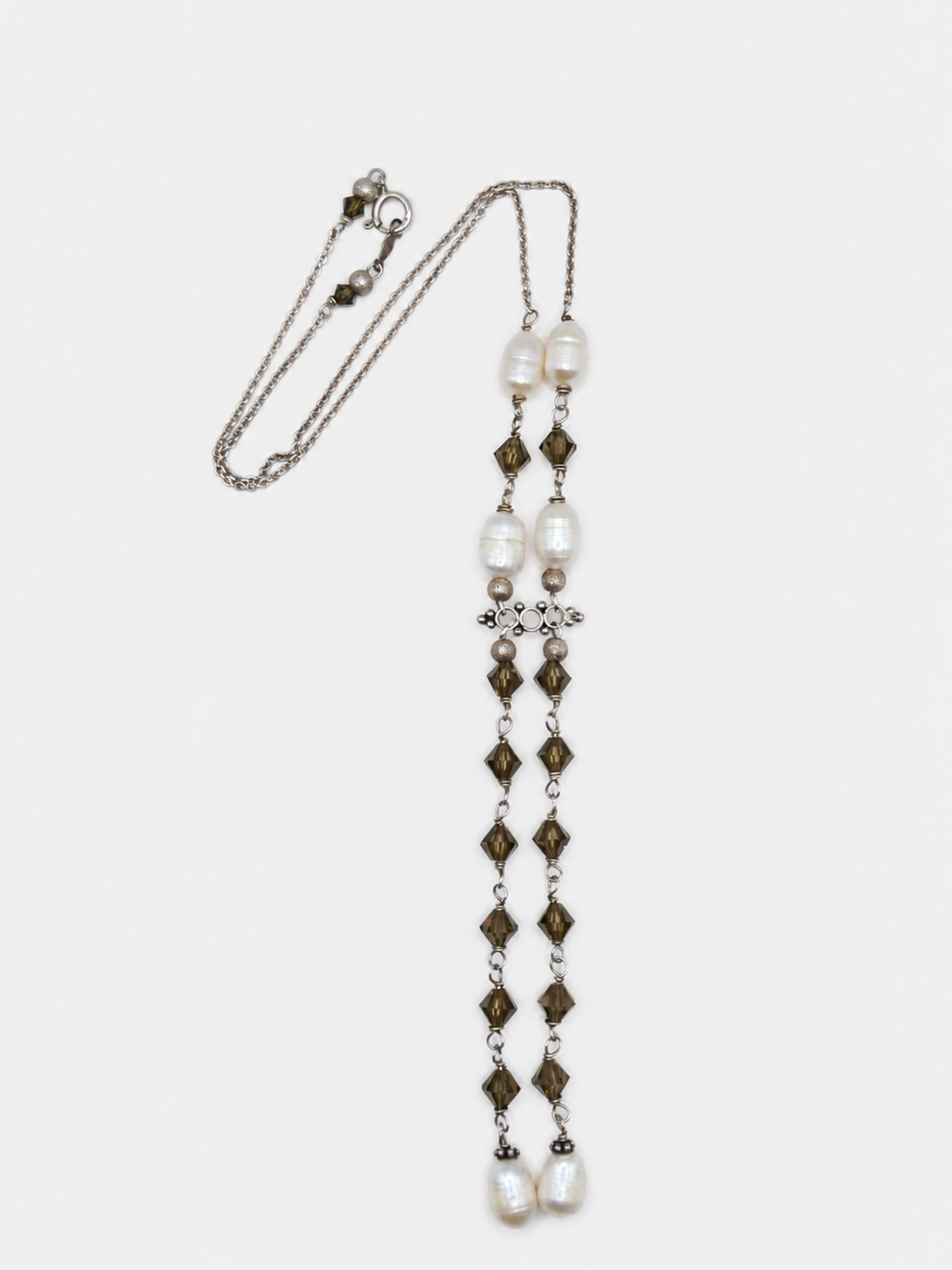 Vintage Silver, Smoky Quartz & Pearl Lariat Necklace