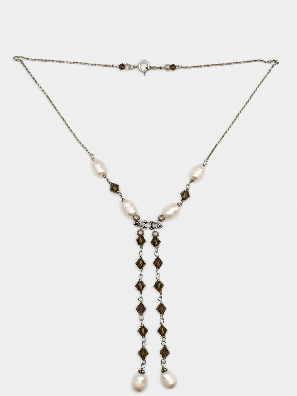 Vintage Silver, Smoky Quartz & Pearl Lariat Necklace