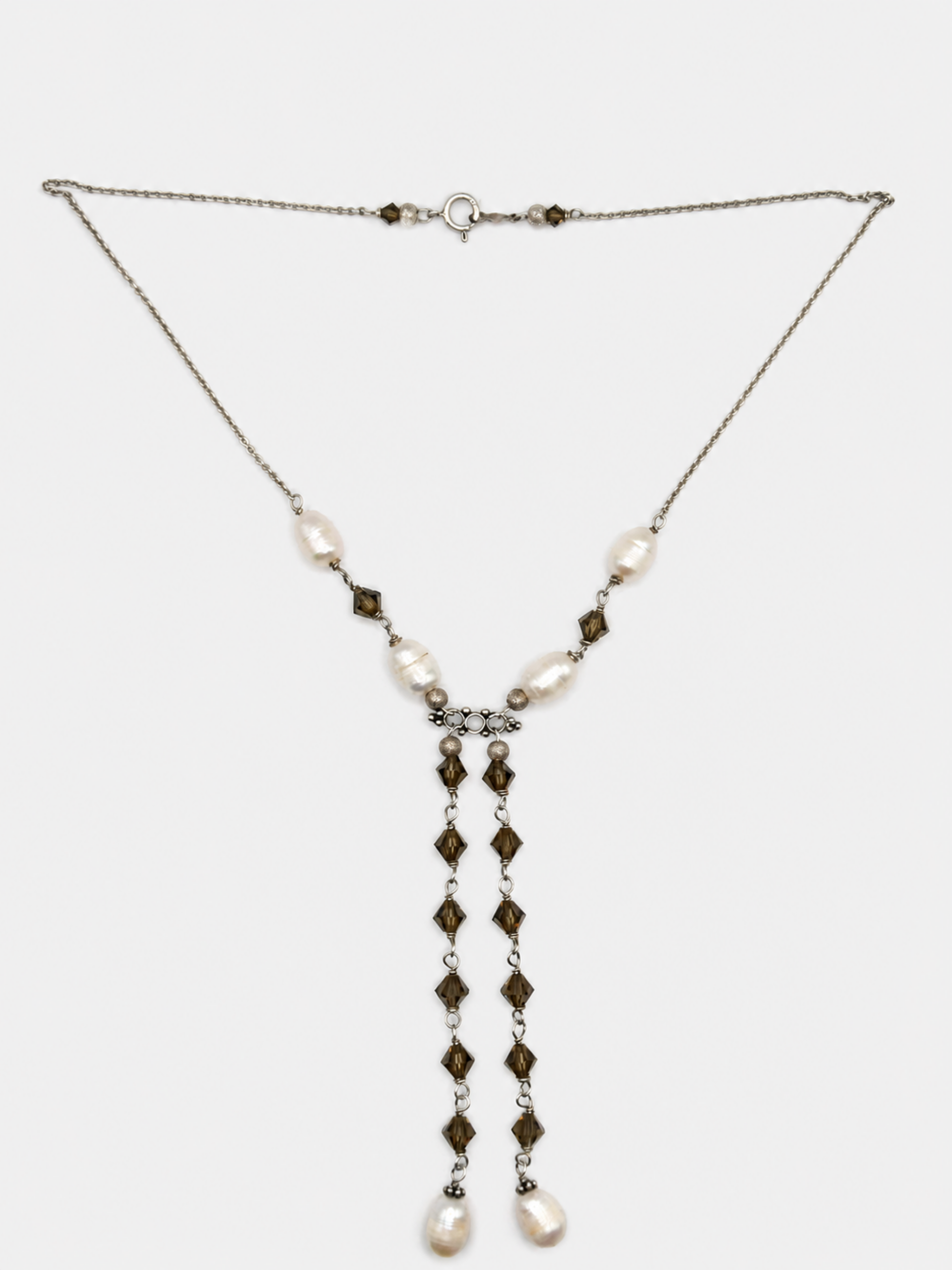 Vintage Silver, Smoky Quartz & Pearl Lariat Necklace