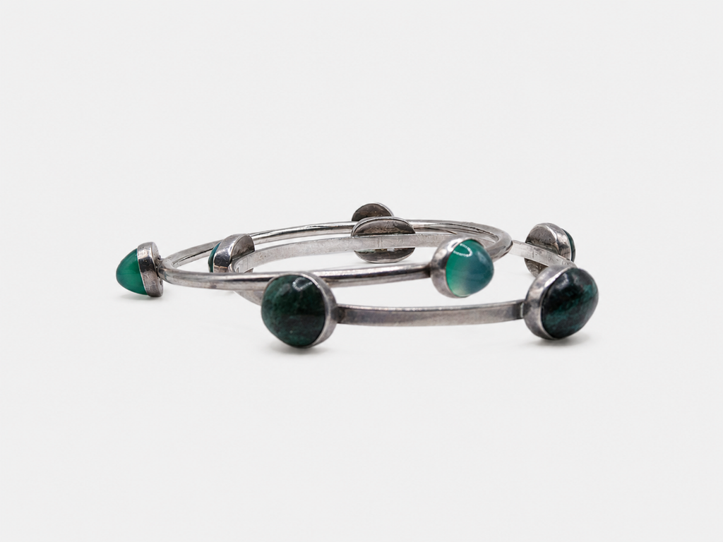 Vintage Silver Eliote Stones & Green Quartz Bangle Bracelets