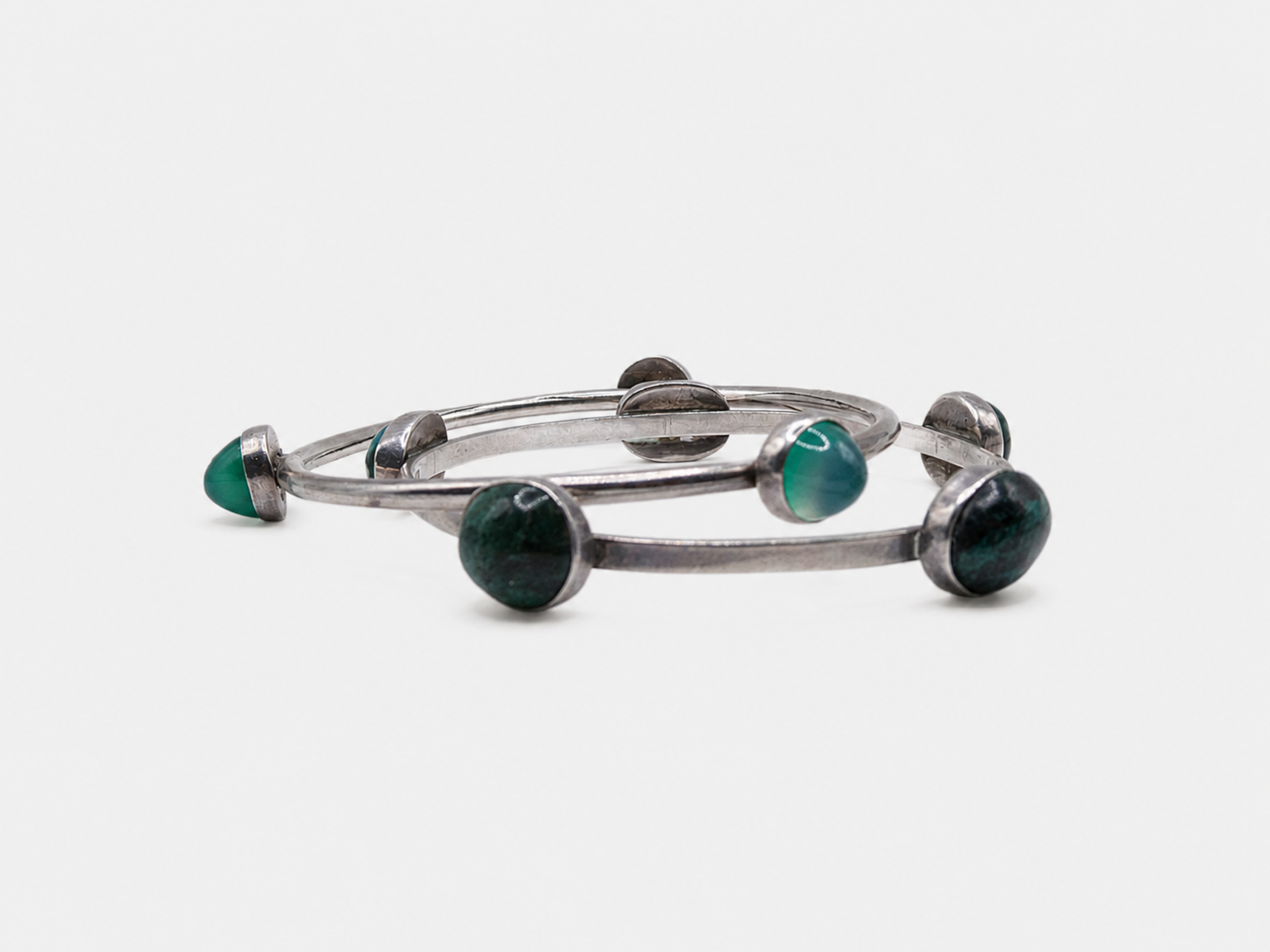Vintage Silver Eliote Stones & Green Quartz Bangle Bracelets