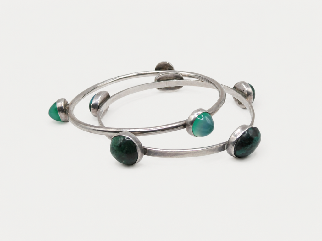 Vintage Silver Eliote Stones & Green Quartz Bangle Bracelets