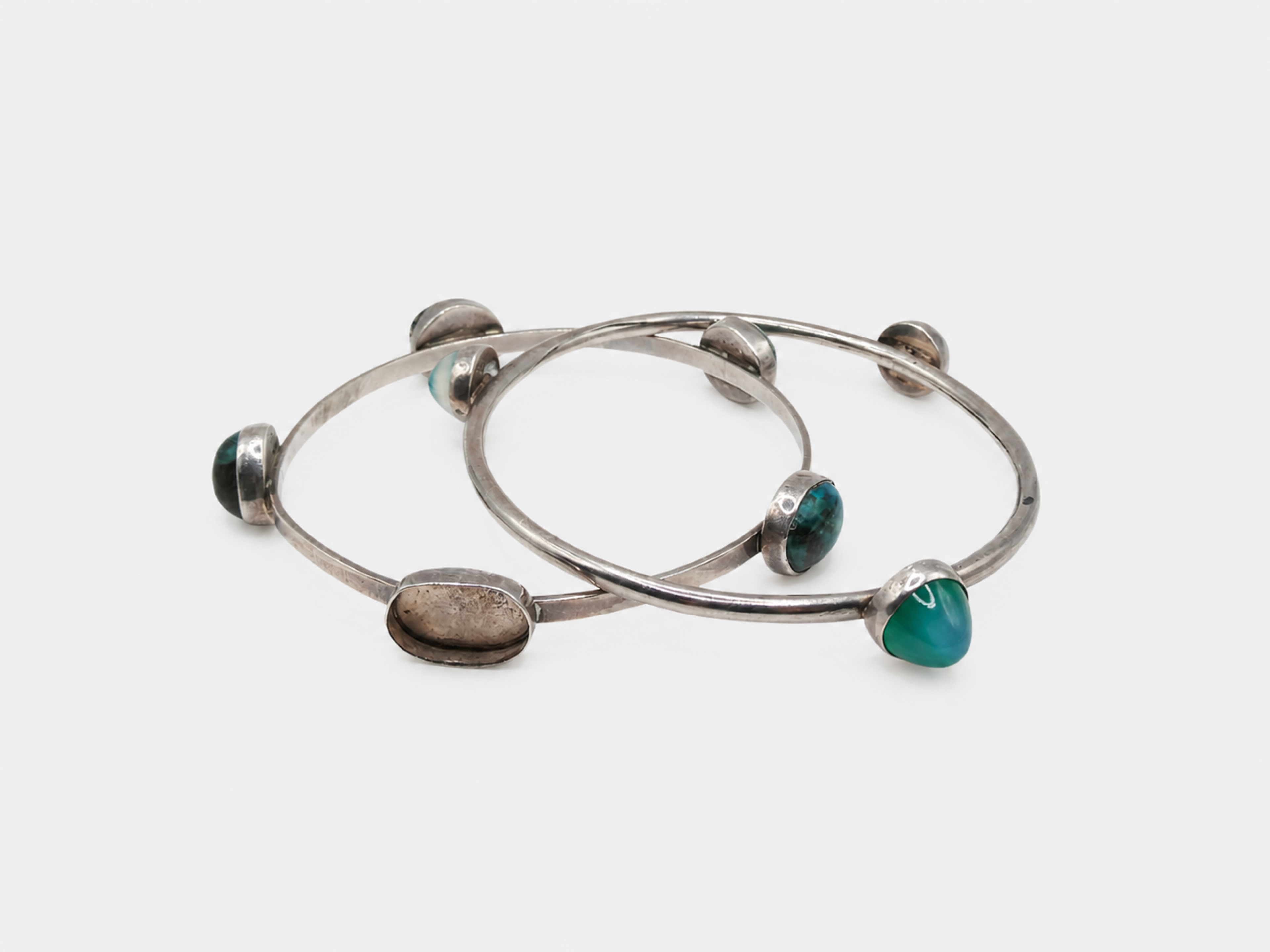 Vintage Silver Eliote Stones & Green Quartz Bangle Bracelets