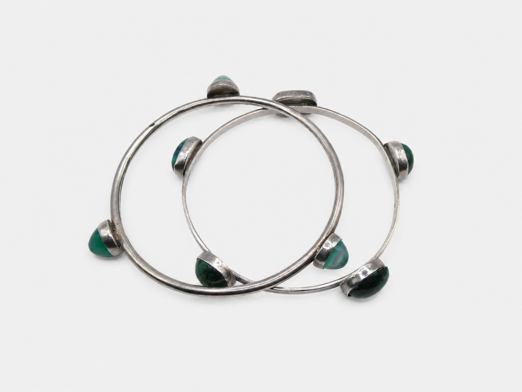 Vintage Silver Eliote Stones & Green Quartz Bangle Bracelets