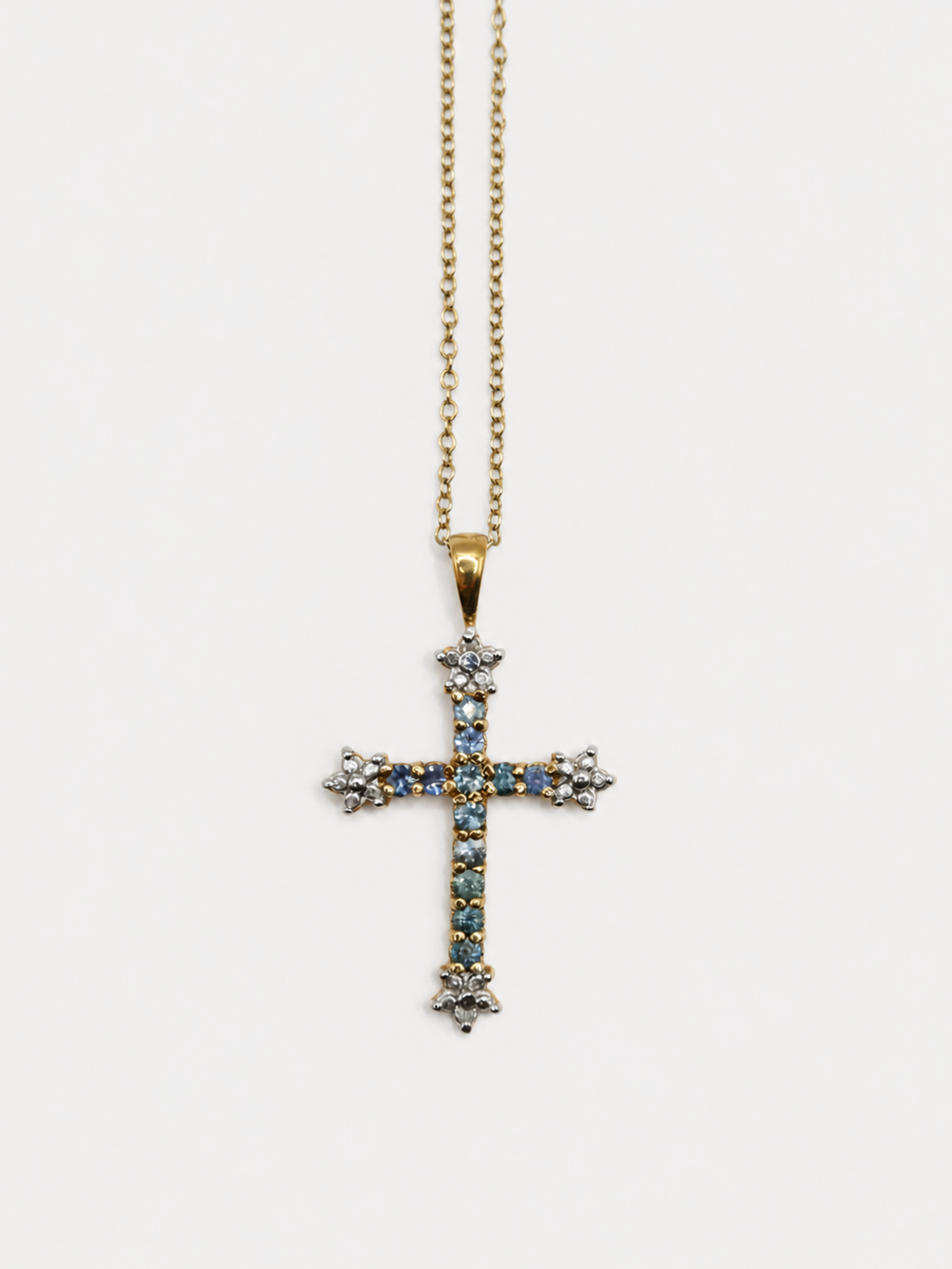 Vintage Gold Blue CZ Cross Necklace