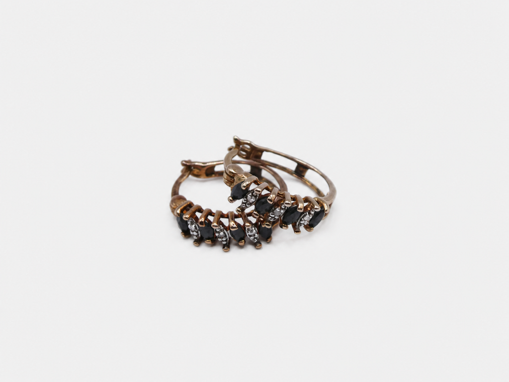 Vintage Gold Blue and Clear CZ Hoop Earrings