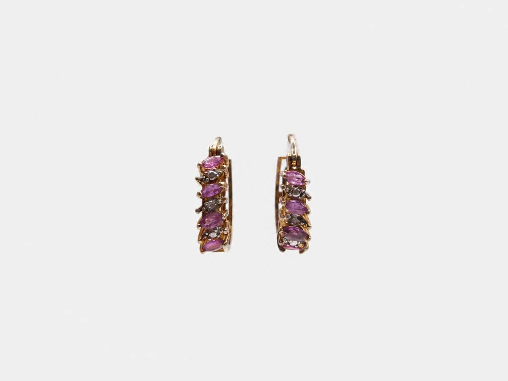 Vintage Gold Pink & Clear CZ Hoop Earrings